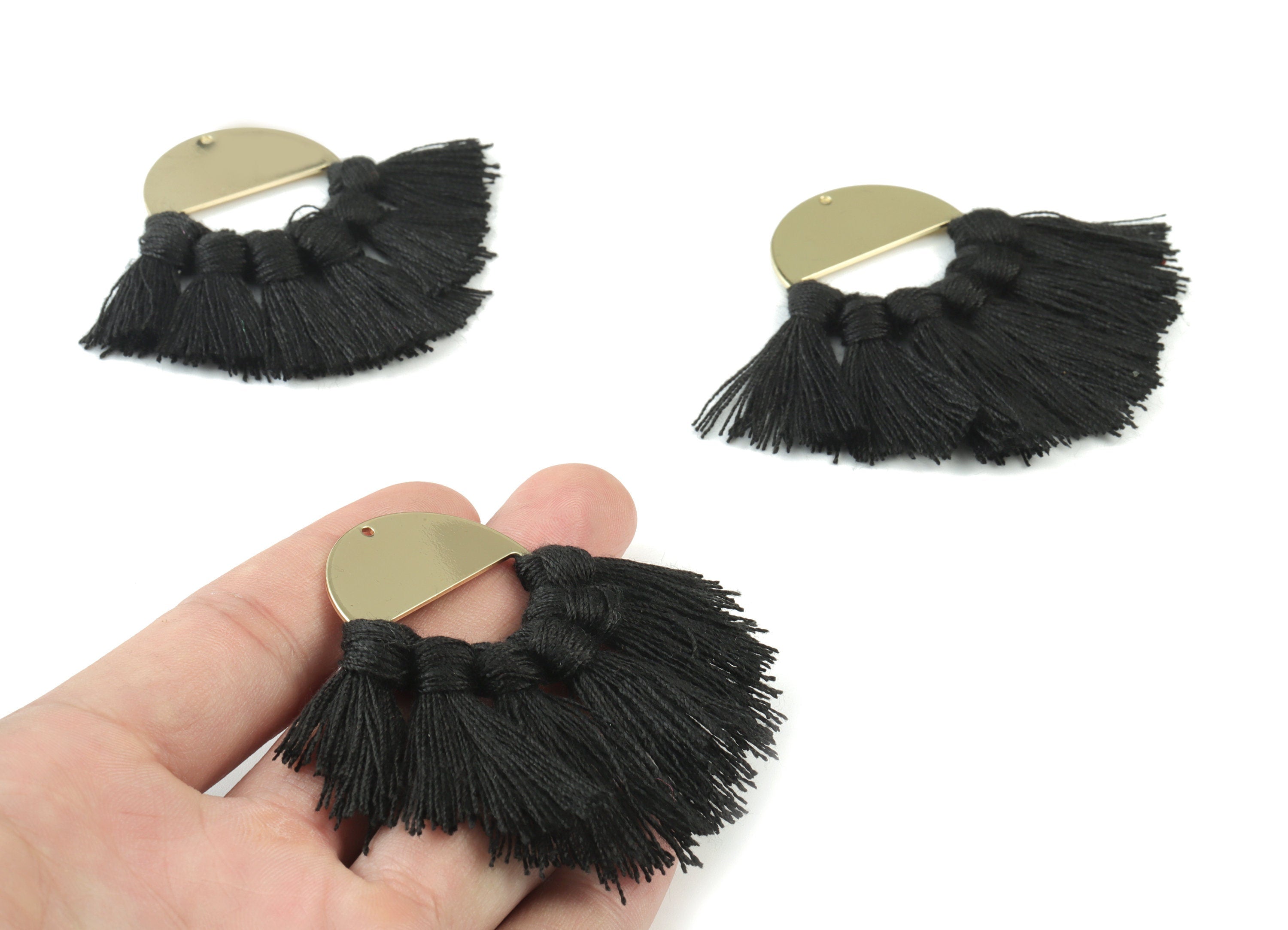 Gold Tone Plated Semi circle Brass - Round Tassel Earring Charms - Cotton Black Tassels - Fringe Tassel - 60.41x31.52x3.4mm - TSM3064B - DOMEDBAZAAR
