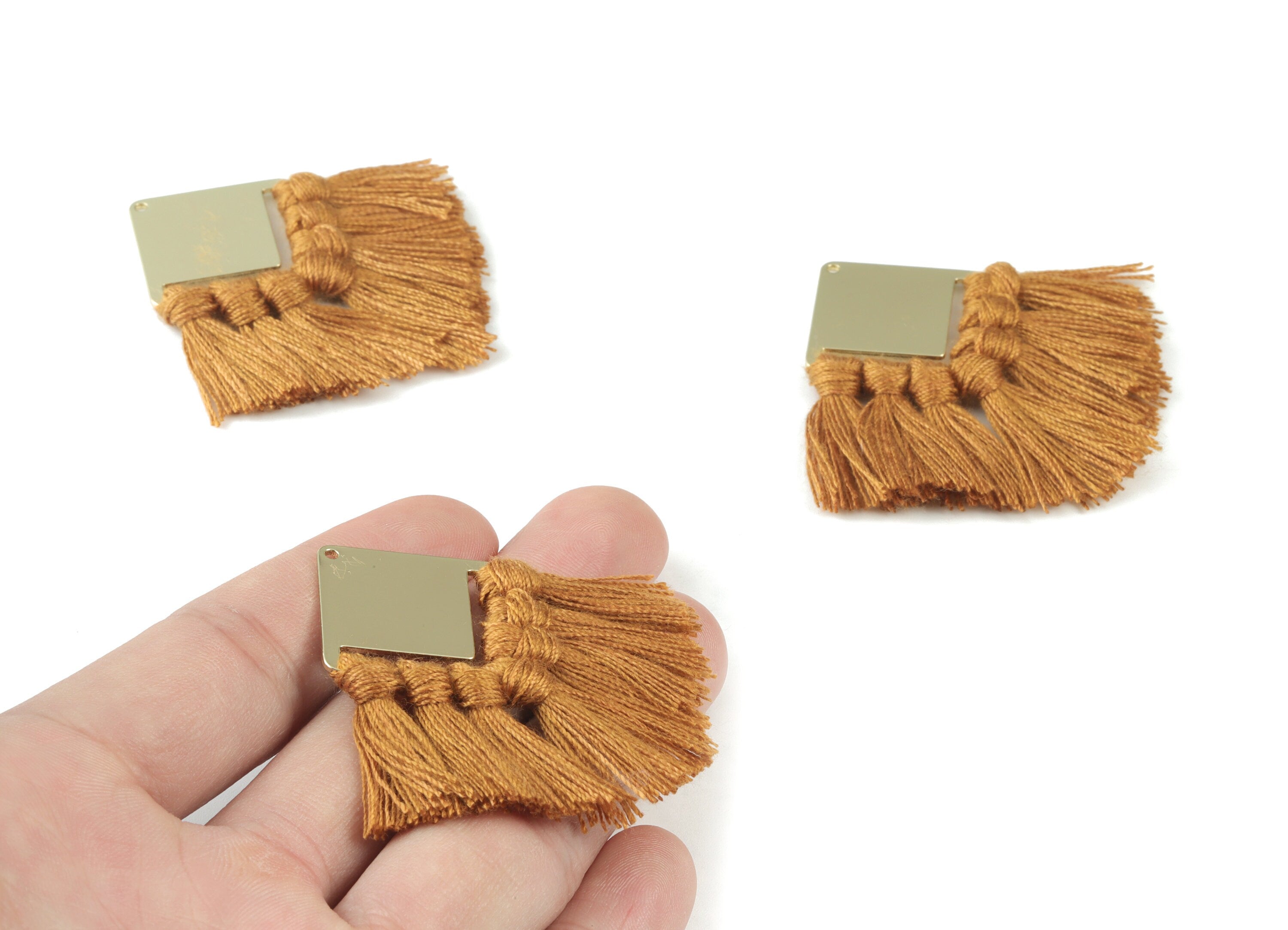 Gold Tone Plated Square Brass - Square Tassel Earring Charms - Cotton Brown Tassels - Fringe Tassel - 58.99x30.22x2.98mm - TSM3071BR - DOMEDBAZAAR