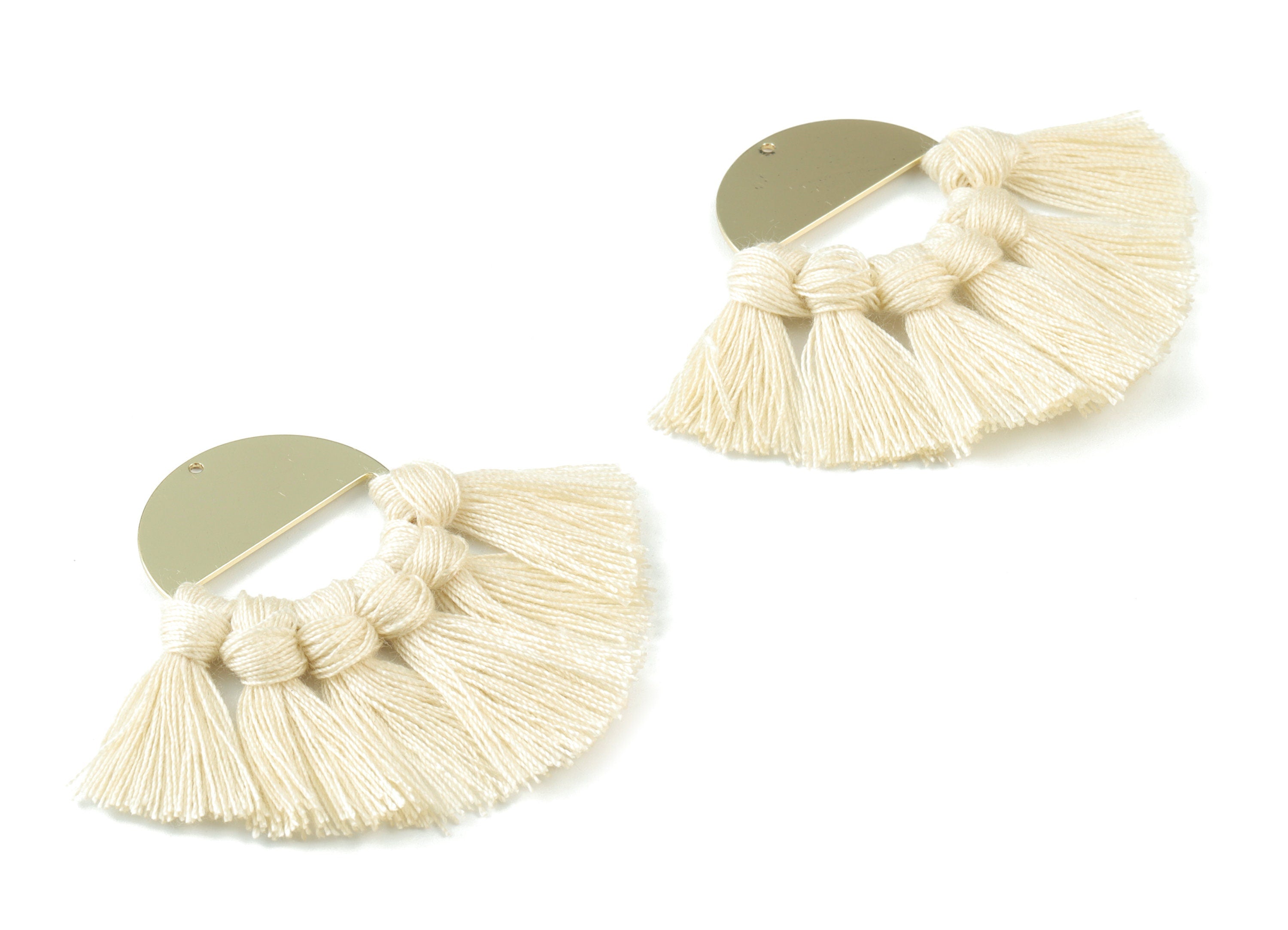 Gold Tone Plated Semi circle Brass - Round Tassel Earring Charms - Cotton Cream Tassels - Fringe Tassel - 60.41x31.52x3.4mm - TSM3064C - DOMEDBAZAAR