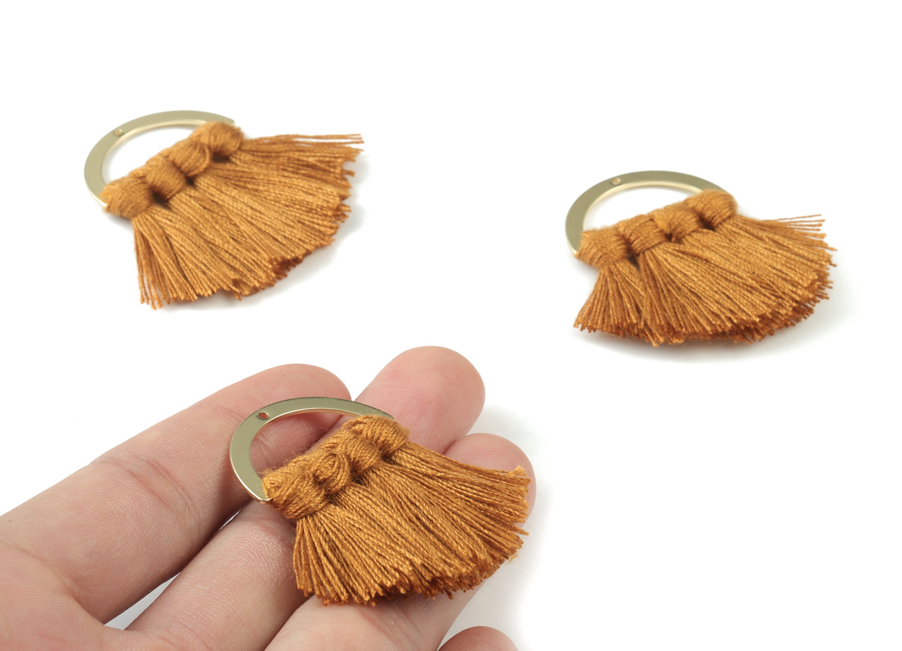 Gold Tone Plated Semi circle Brass - Half Moon Tassel Earring Charms - Cotton Brown Tassels - Fringe Tassel - 44.49x30.34x4.42mm - TSM3070BR - DOMEDBAZAAR