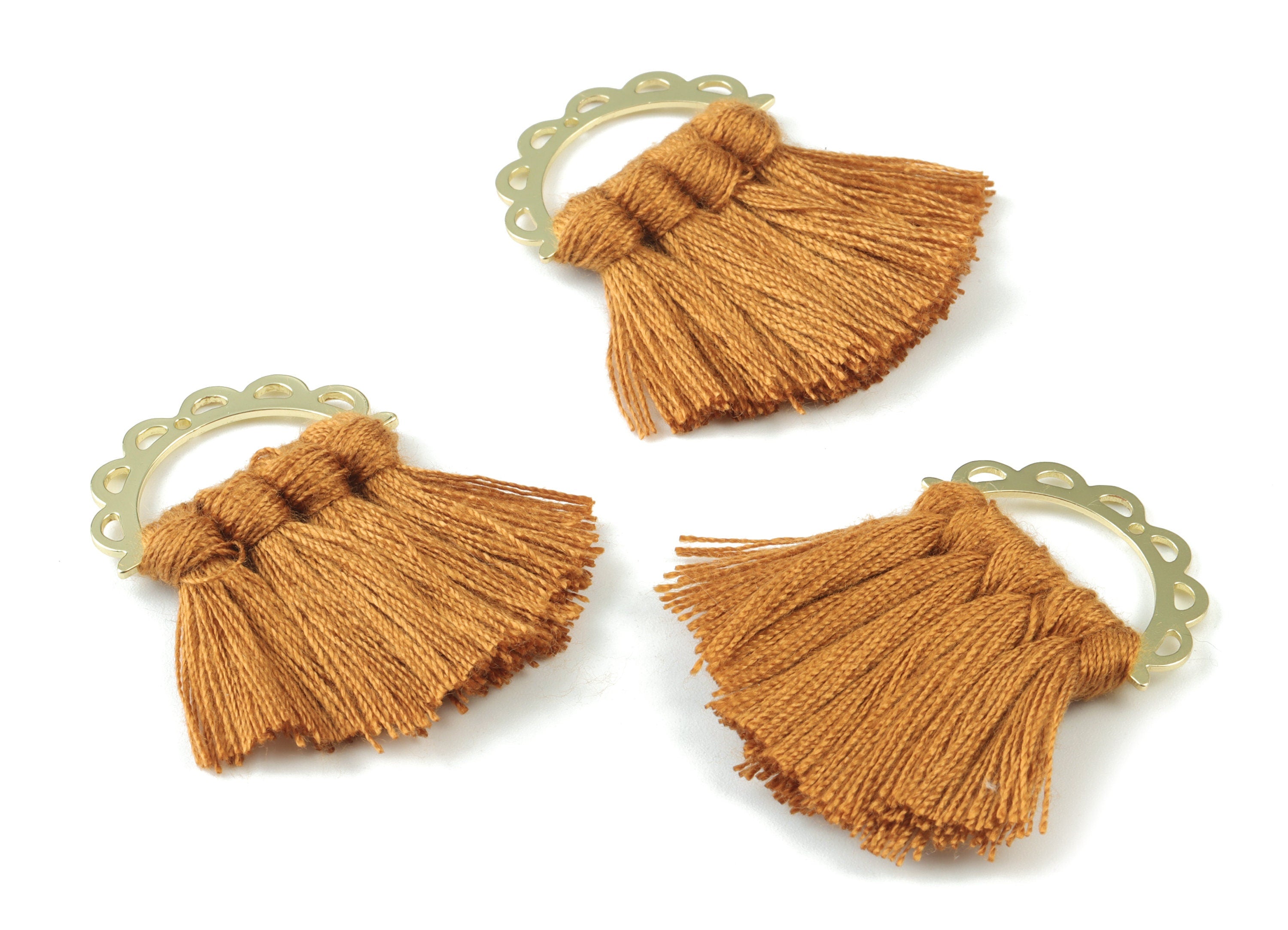 Gold Tone Plated Semi circle Brass - Half Moon Tassel Earring Charms - Cotton Brown Tassels - Fringe Tassel - 44.46x29.94x3.43mm - TSM3057BR - DOMEDBAZAAR