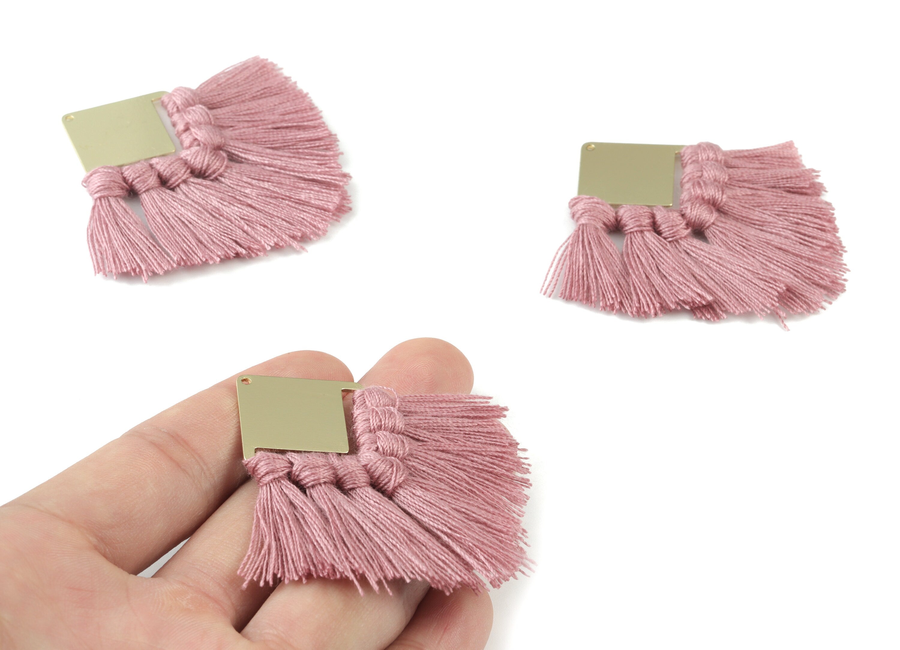 Gold Tone Plated Square Brass - Square Tassel Earring Charms - Cotton Purple Tassels - Fringe Tassel - 58.99x30.22x2.98mm - TSM3071P - DOMEDBAZAAR