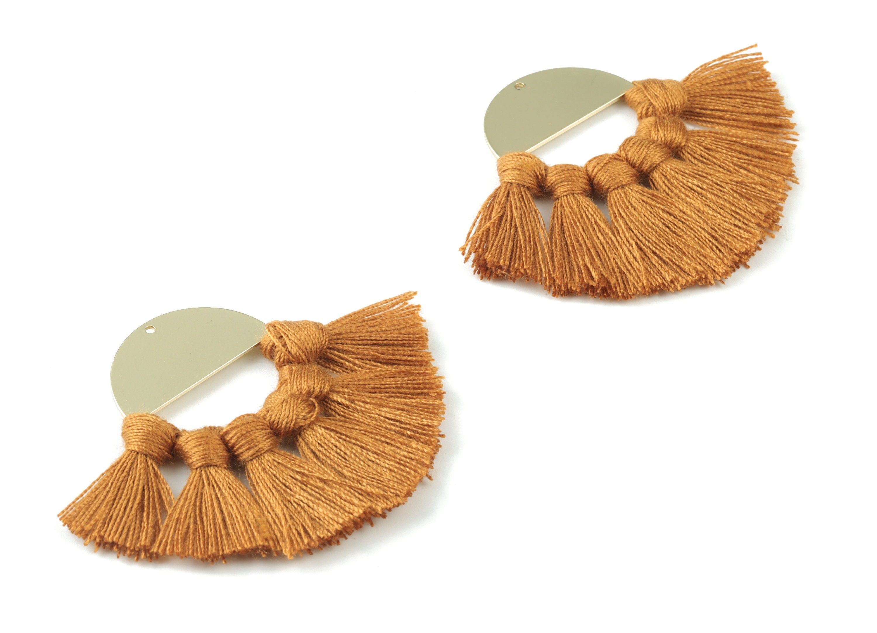 Gold Tone Plated Semi circle Brass - Round Tassel Earring Charms - Cotton Brown Tassels - Fringe Tassel - 60.41x31.52x3.4mm - TSM3064BR - DOMEDBAZAAR