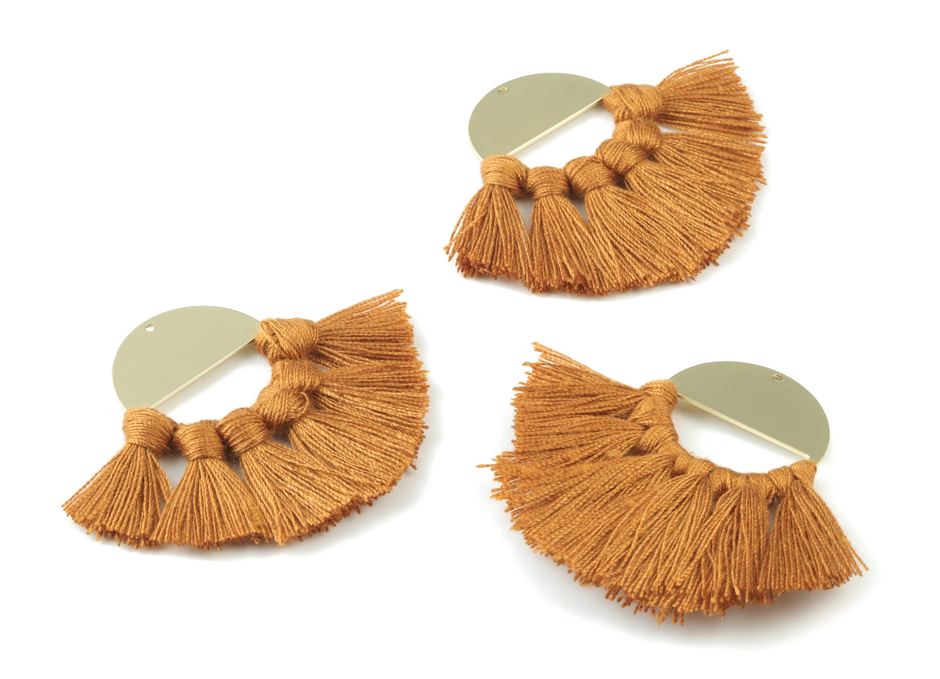 Gold Tone Plated Semi circle Brass - Round Tassel Earring Charms - Cotton Brown Tassels - Fringe Tassel - 60.41x31.52x3.4mm - TSM3064BR - DOMEDBAZAAR