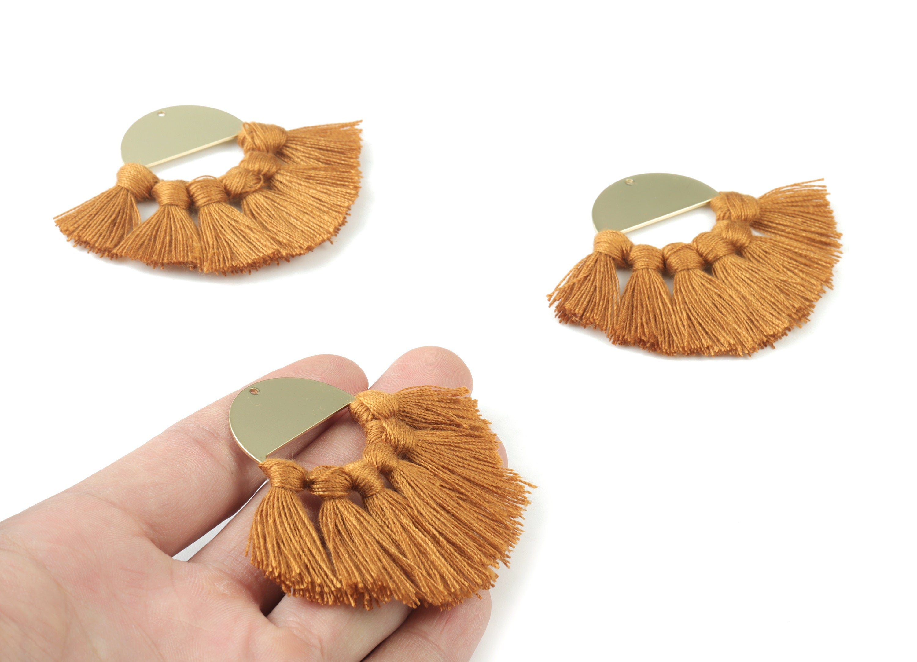 Gold Tone Plated Semi circle Brass - Round Tassel Earring Charms - Cotton Brown Tassels - Fringe Tassel - 60.41x31.52x3.4mm - TSM3064BR - DOMEDBAZAAR