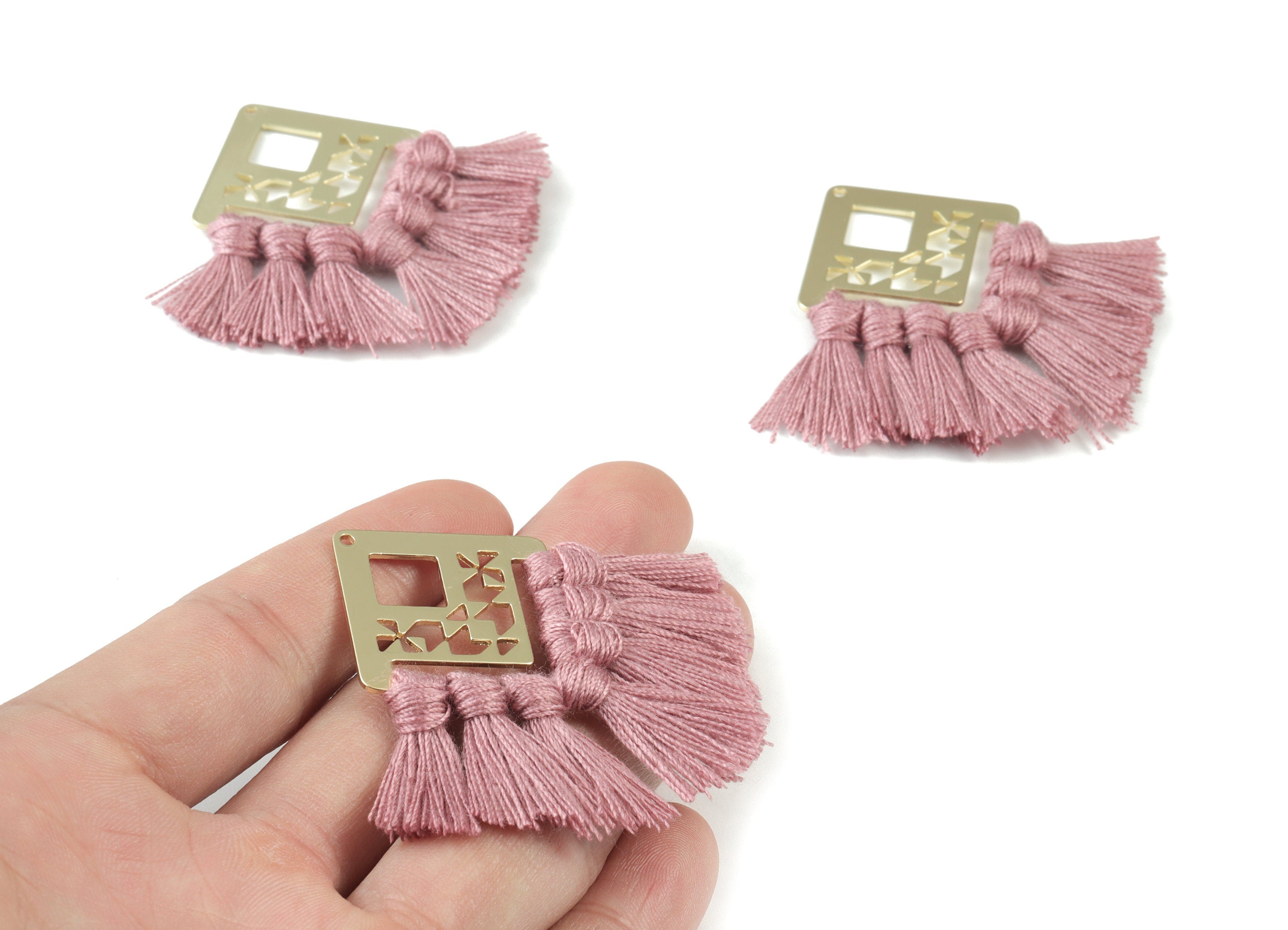 Gold Tone Plated Square Brass - Square Tassel Earring Charms - Cotton Purple Tassels - Fringe Tassel - 54.49x35.16x2.68mm - TSM3075P - DOMEDBAZAAR