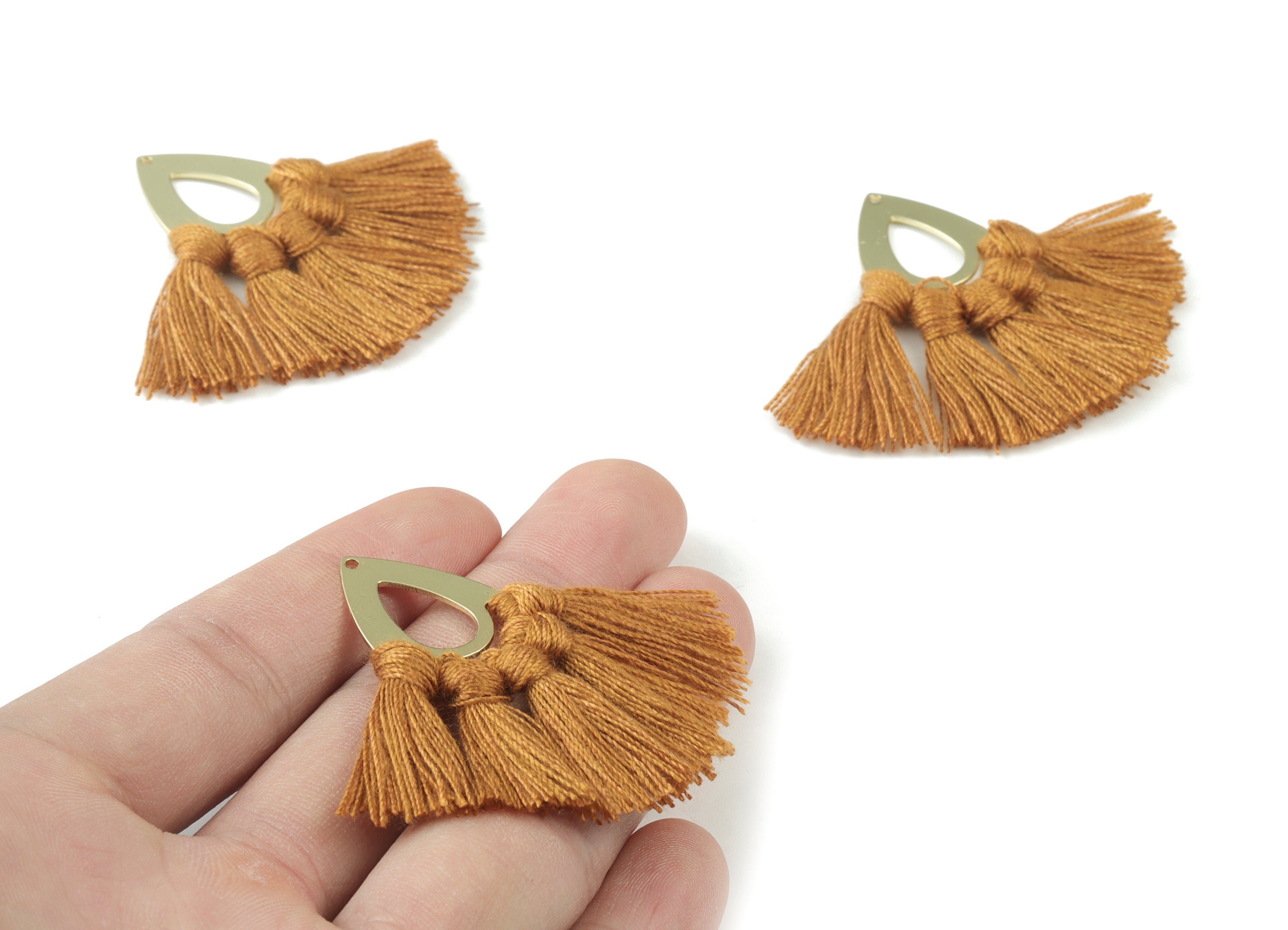 Gold Tone Plated Drop Brass - Drop Tassel Earring Charms - Cotton Brown Tassels - Fringe Tassel - 45.99x19.16x3.49mm - TSM3055BR - DOMEDBAZAAR