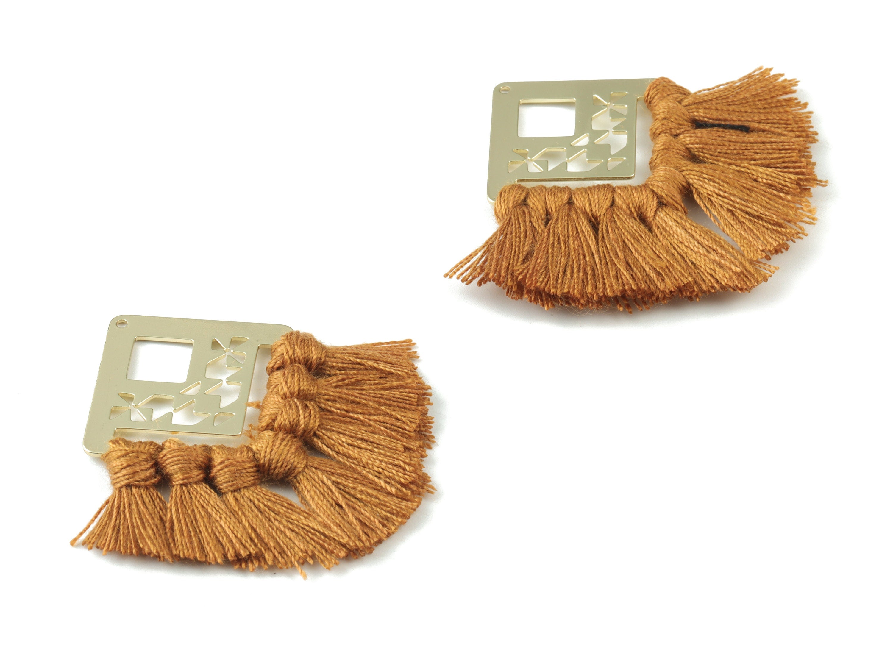 Gold Tone Plated Square Brass - Square Tassel Earring Charms - Cotton Brown Tassels - Fringe Tassel - 54.49x35.16x2.68mm - TSM3075BR - DOMEDBAZAAR