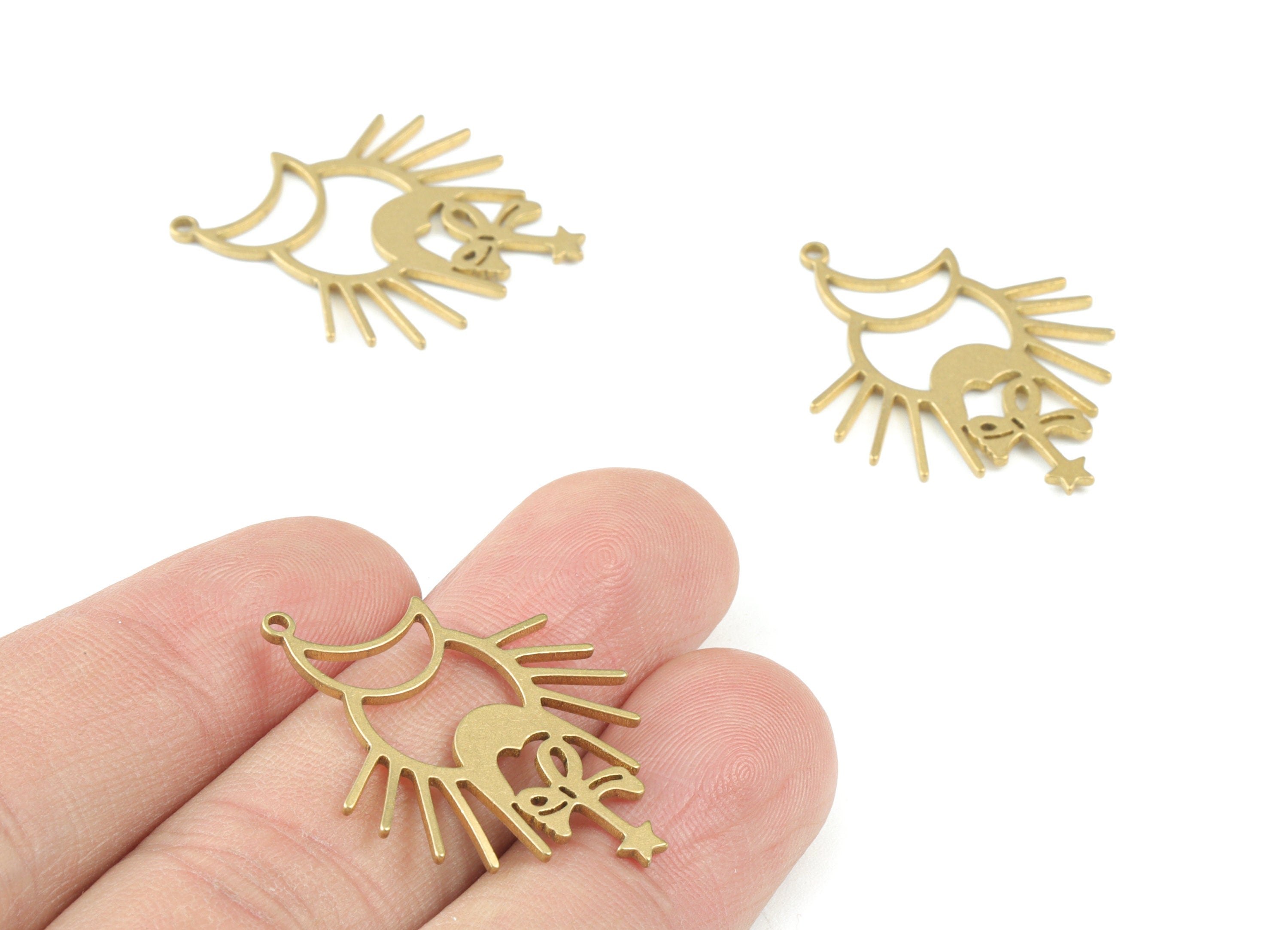 Crescent Sun Star Pendant - Raw Brass Moon Sun Earring Charms - Jewelry Making Supplies - 31x24x1mm - PPM3633 - DOMEDBAZAAR