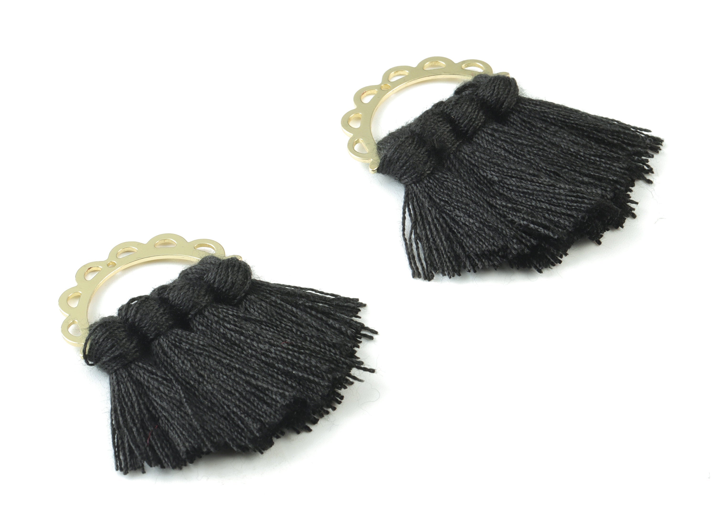 Gold Tone Plated Semi circle Brass - Half Moon Tassel Earring Charms - Cotton Black Tassels - Fringe Tassel - 44.46x29.94x3.43mm - TSM3057B - DOMEDBAZAAR