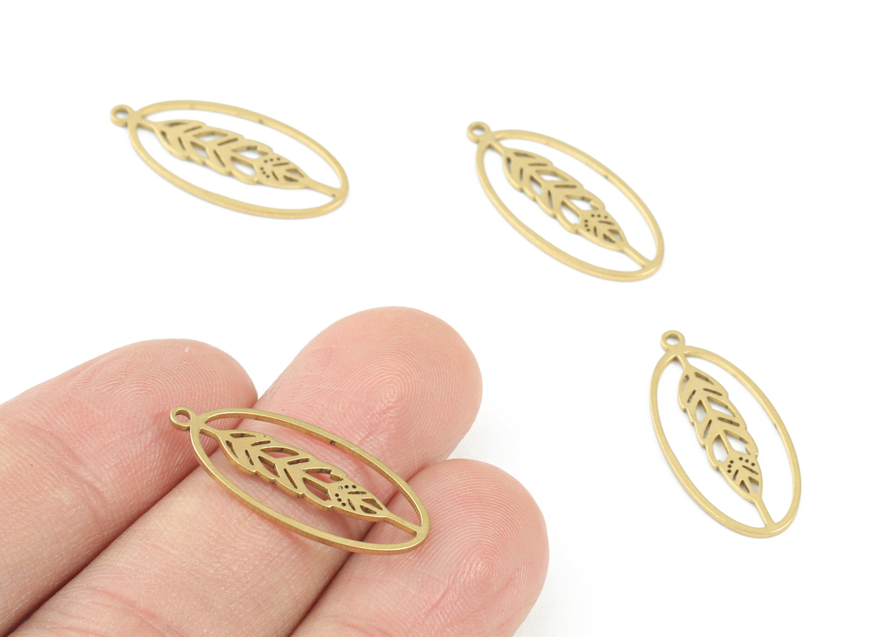 Wheatear Oval Pendant - Raw Brass Oval Feather Earring Charms - Brass Wheatear Charms - Jewelry Making Supplies - 25x12x0.8mm - PPM3695 - DOMEDBAZAAR