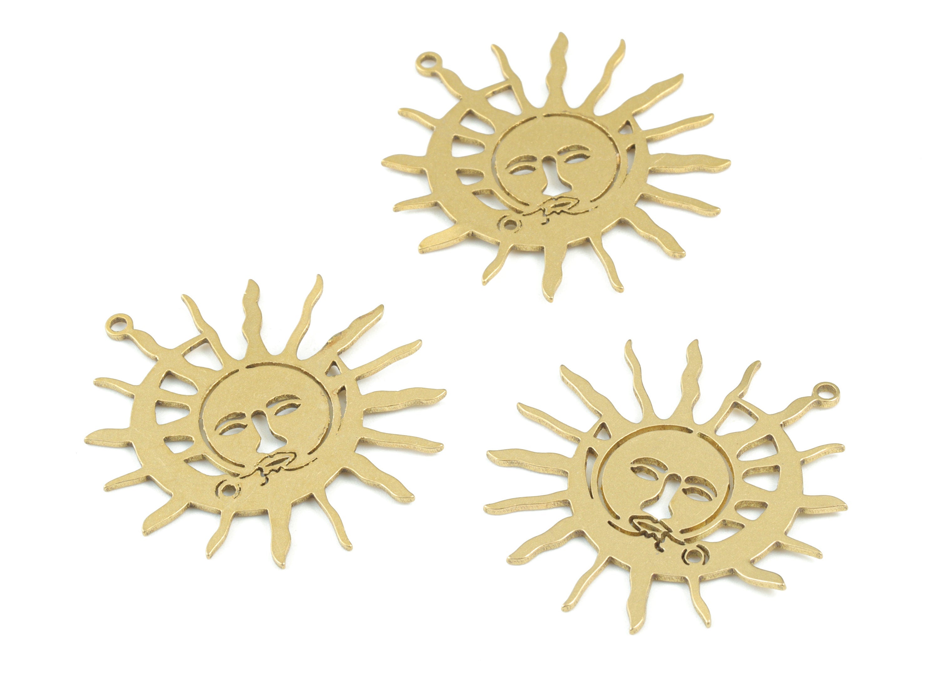Crescent Sun Faces Pendant - Raw Brass Moon Sun Earring Charms - Face Star Moon Earrings- Jewelry Making Supplies - 31x29x0.8mm - PPM3685 - DOMEDBAZAAR