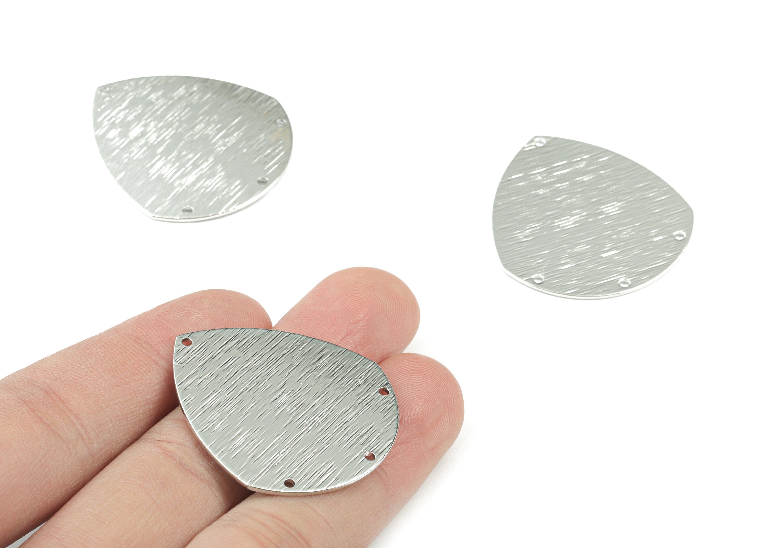 Drop Earring Connector - Silver Tone Plated Brass Textured Teardrop Earings - 4 Holes - Jewelry Making Supplies - 35x33x0.8mm - PP3552S - DOMEDBAZAAR