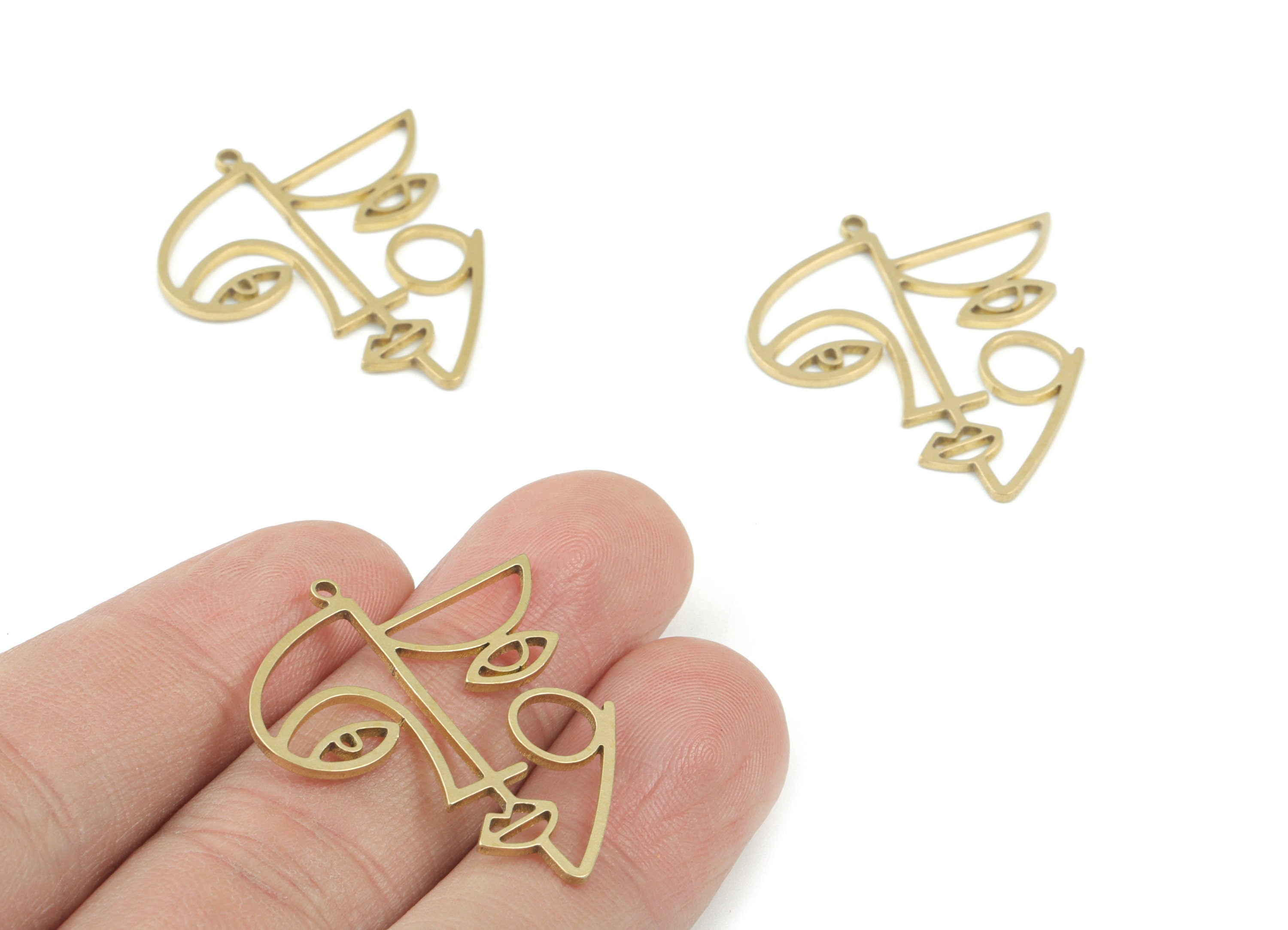 Double Faces Pendant - Raw Brass Two Face Earring Charms- Jewelry Making Supplies - 32x30x1.2mm - PPM3622 - DOMEDBAZAAR