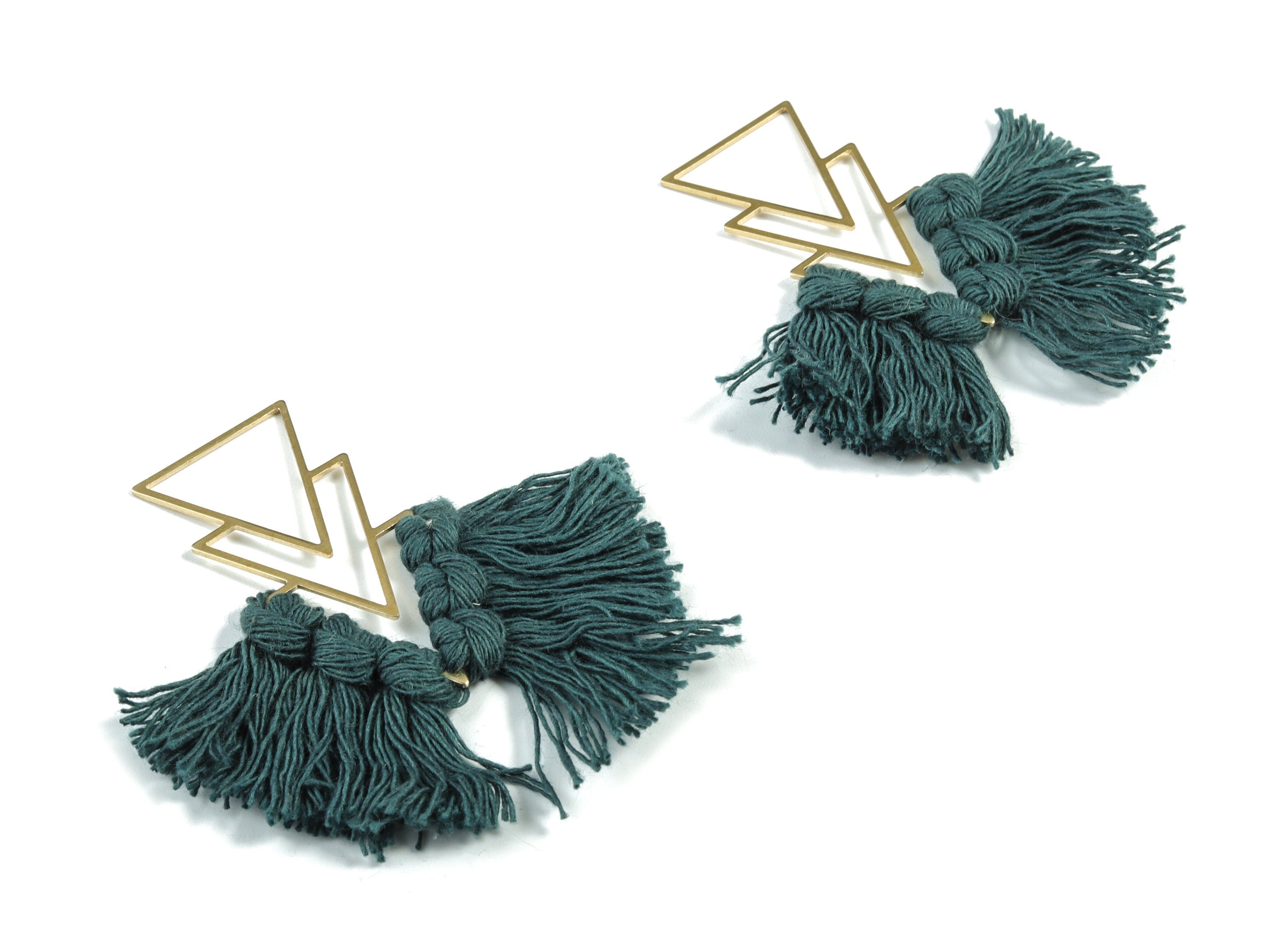 Tassel Earring Charms - Handmade Cotton Petrol Green Macrame Earrings - Raw Brass Triangles Fringe Earrings - 66.83x21.44x4.03mm - TS1168D - DOMEDBAZAAR