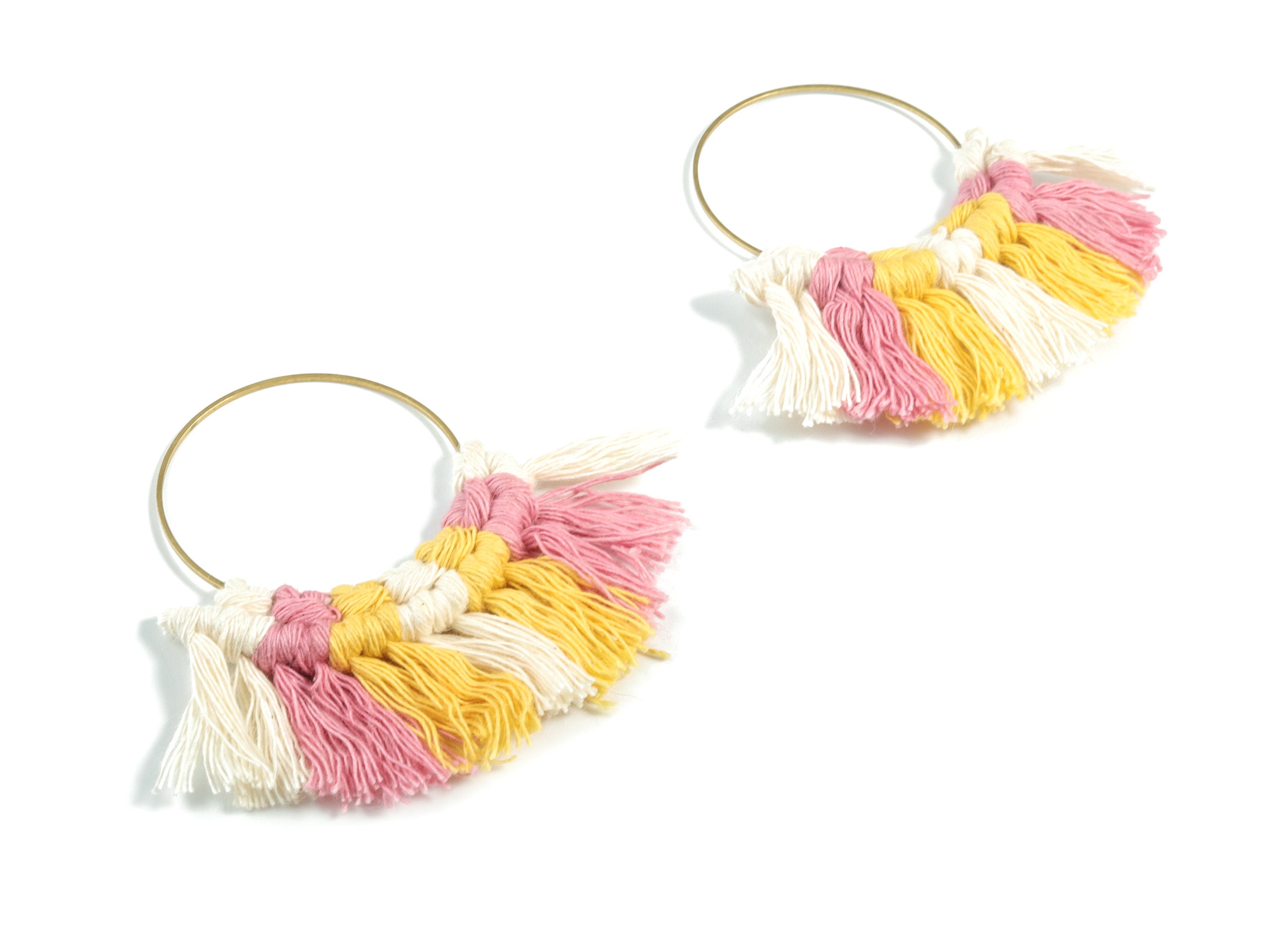 Tassel Earring Charms - Handmade Cotton Yellow Macrame Earrings - Raw Brass Hoop Fringe Earrings - luxe Fan Tassel - 67.5x46.4x5mm - TS1171D - DOMEDBAZAAR