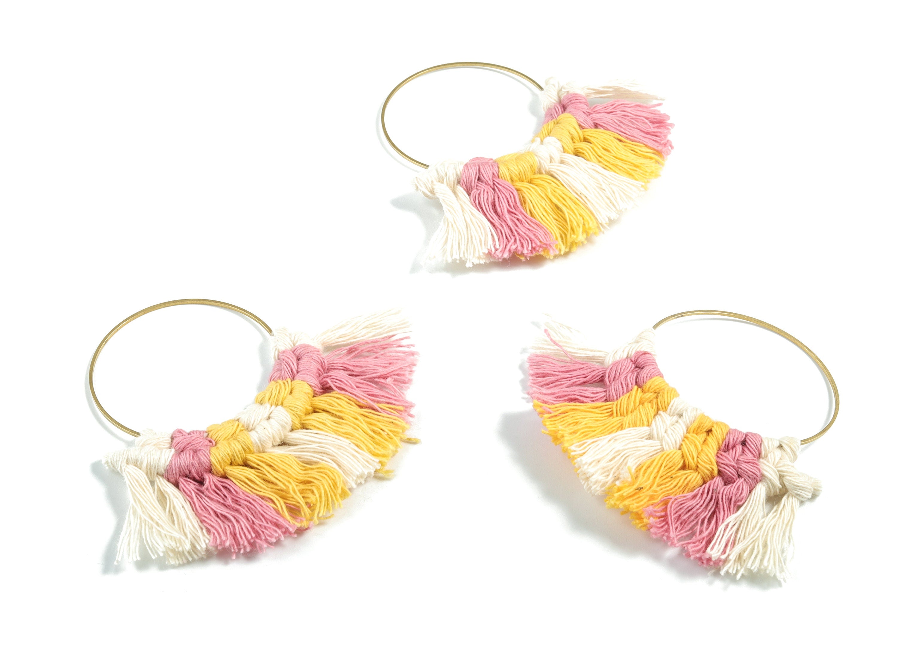 Tassel Earring Charms - Handmade Cotton Yellow Macrame Earrings - Raw Brass Hoop Fringe Earrings - luxe Fan Tassel - 67.5x46.4x5mm - TS1171D - DOMEDBAZAAR