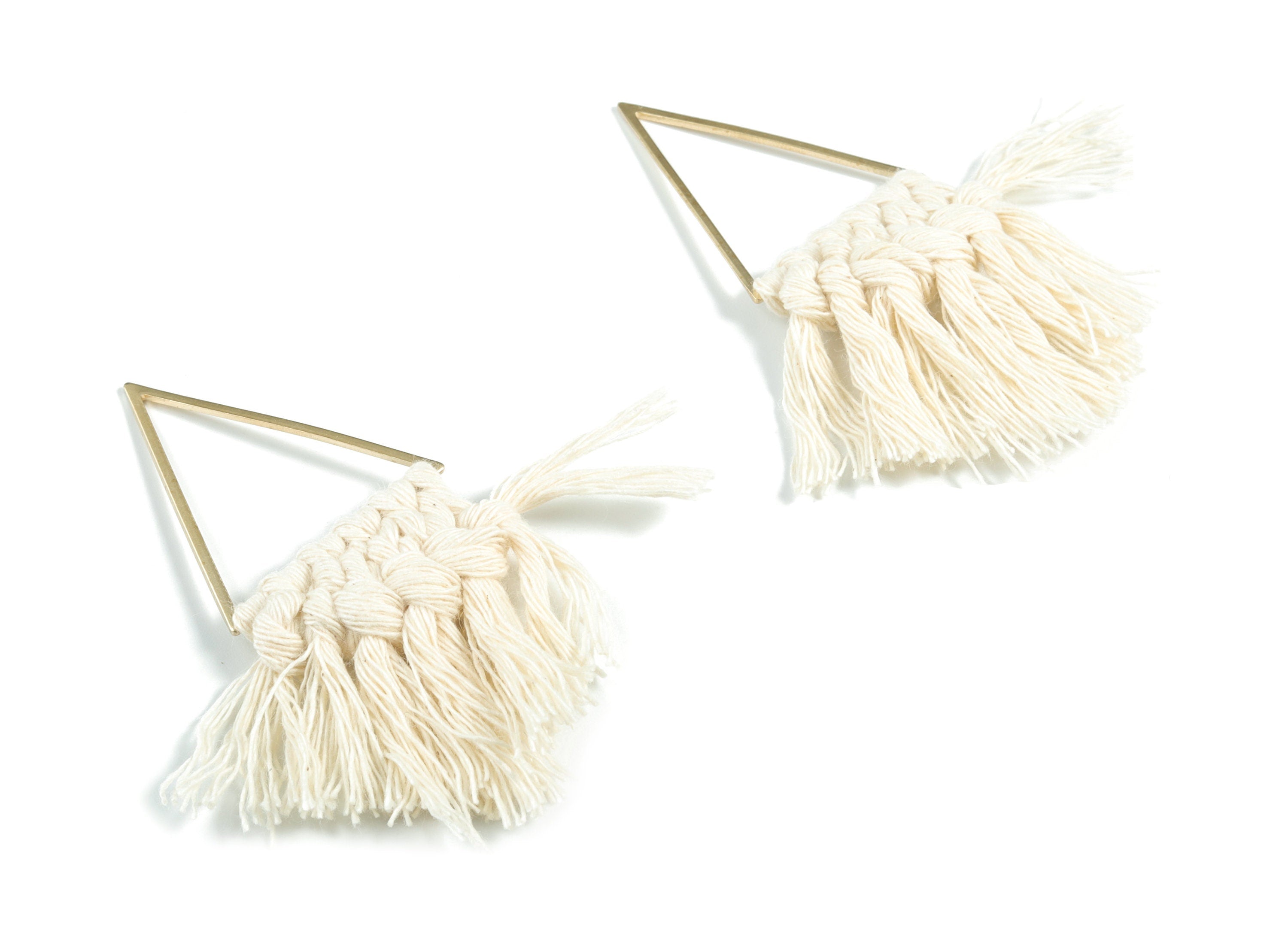 Tassel Earring Charms - Handmade Cotton Cream Macrame Earrings - Raw Brass Triangle Fringe Earrings - 70.81x30.61x6.91mm - TS1173A - DOMEDBAZAAR