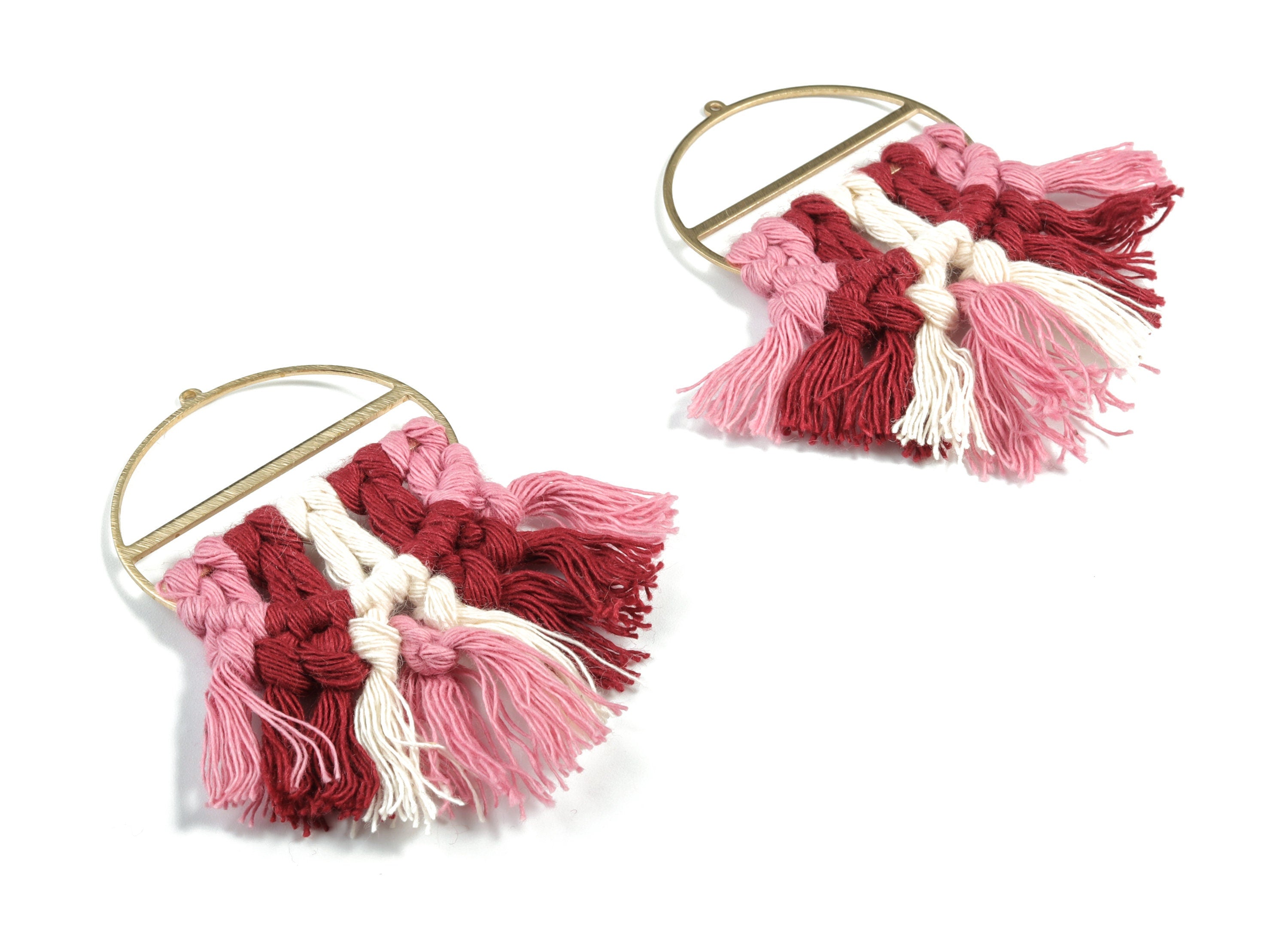 Tassel Earring Charms - Handmade Cotton Pink Macrame Earrings - Raw Brass Round Fringe Earrings - luxe Fan Tassel - 76.89x43x5mm - TS1172A - DOMEDBAZAAR