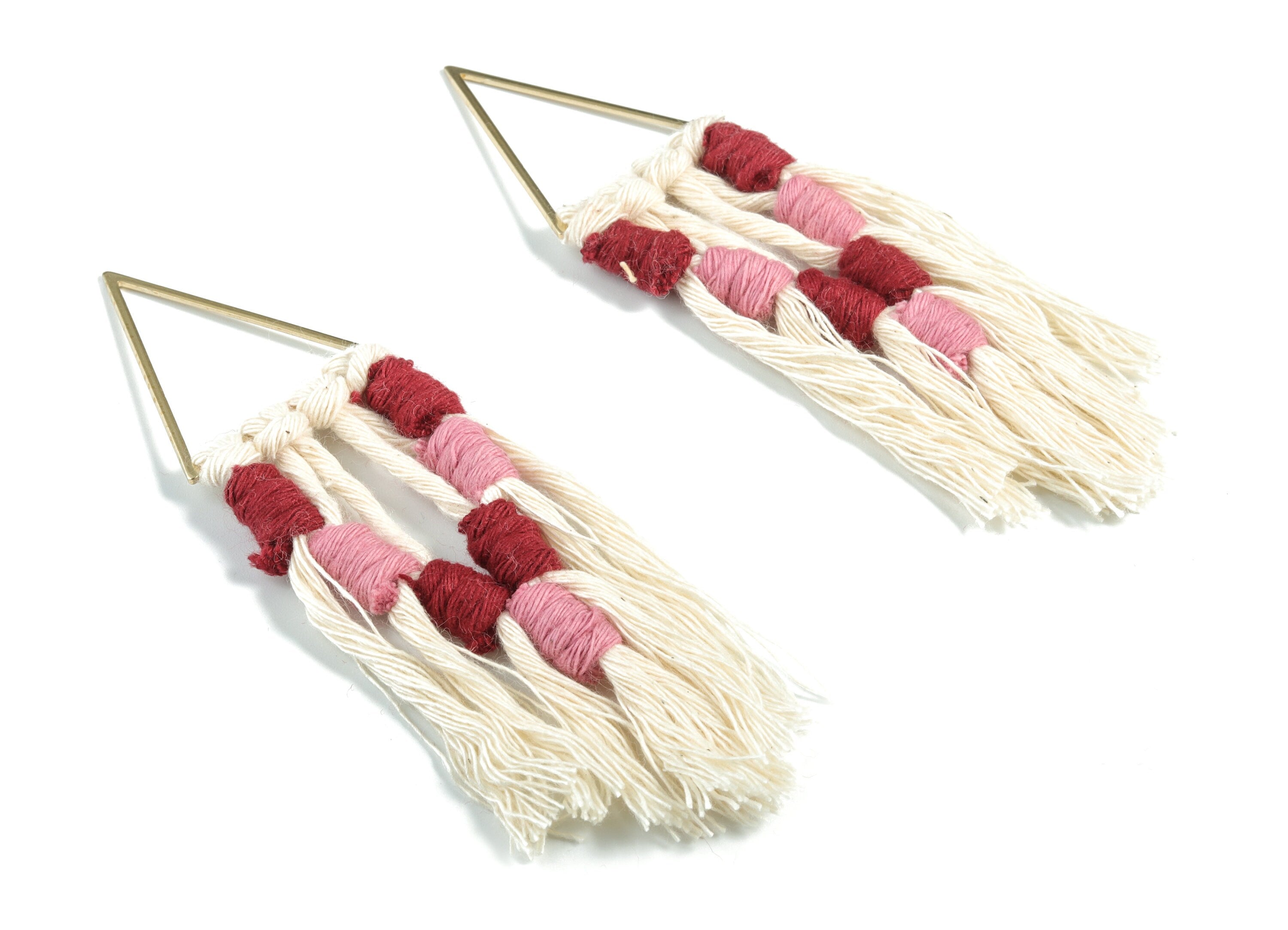 Tassel Earring Charms - Handmade Cotton Pink Macrame Earrings - Raw Brass Triangle Fringe Earrings - 112.04x30.29x3.39mm - TS1170C - DOMEDBAZAAR