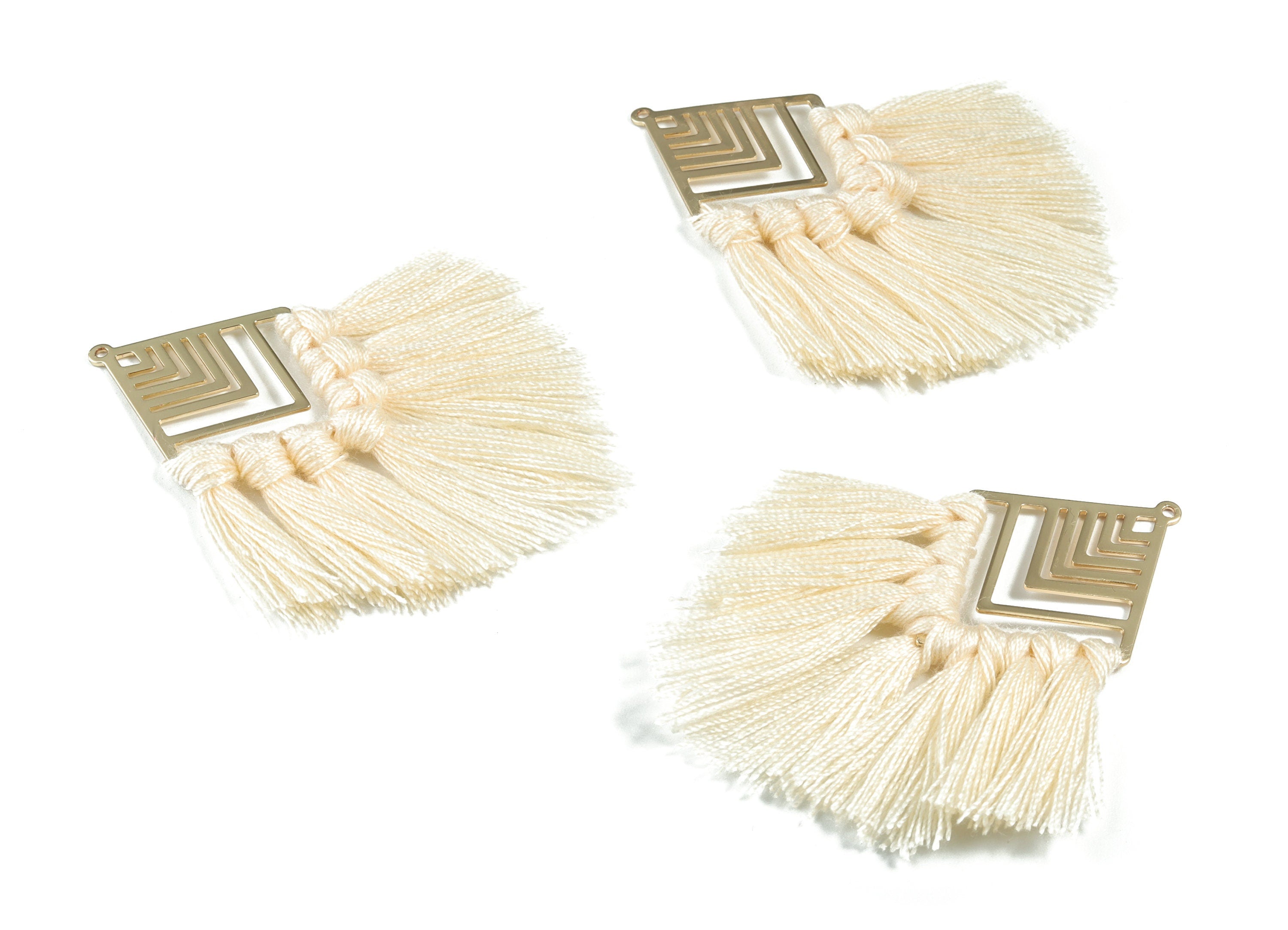 Kite Tassel Earring Charms - KC Gold  Tone Plated Rhombus Brass Cotton Cream Tassels - Fringe Tassel - 74.27x29.7x2.79mm - TSM1928A - DOMEDBAZAAR