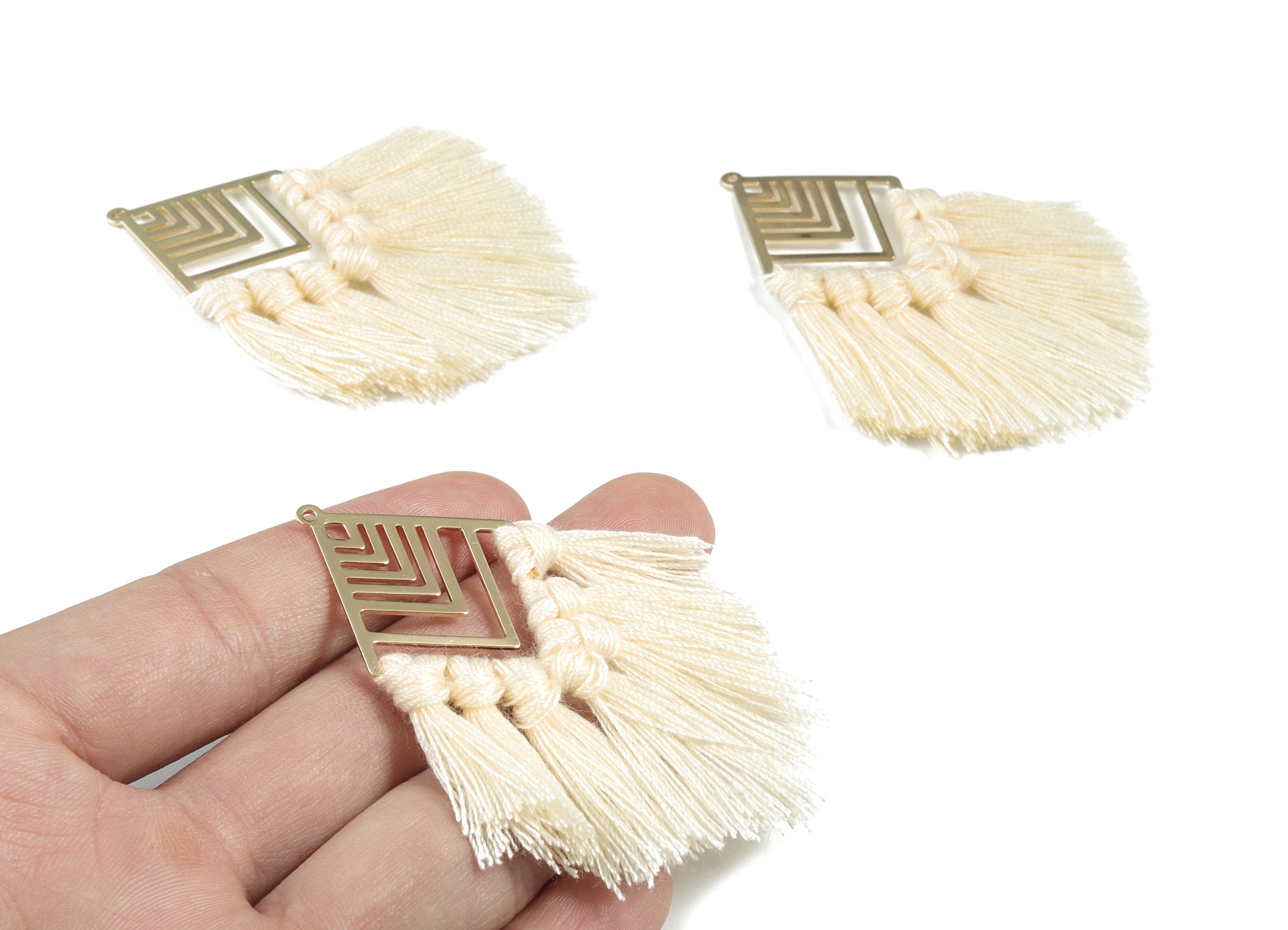 Kite Tassel Earring Charms - KC Gold  Tone Plated Rhombus Brass Cotton Cream Tassels - Fringe Tassel - 74.27x29.7x2.79mm - TSM1928A - DOMEDBAZAAR