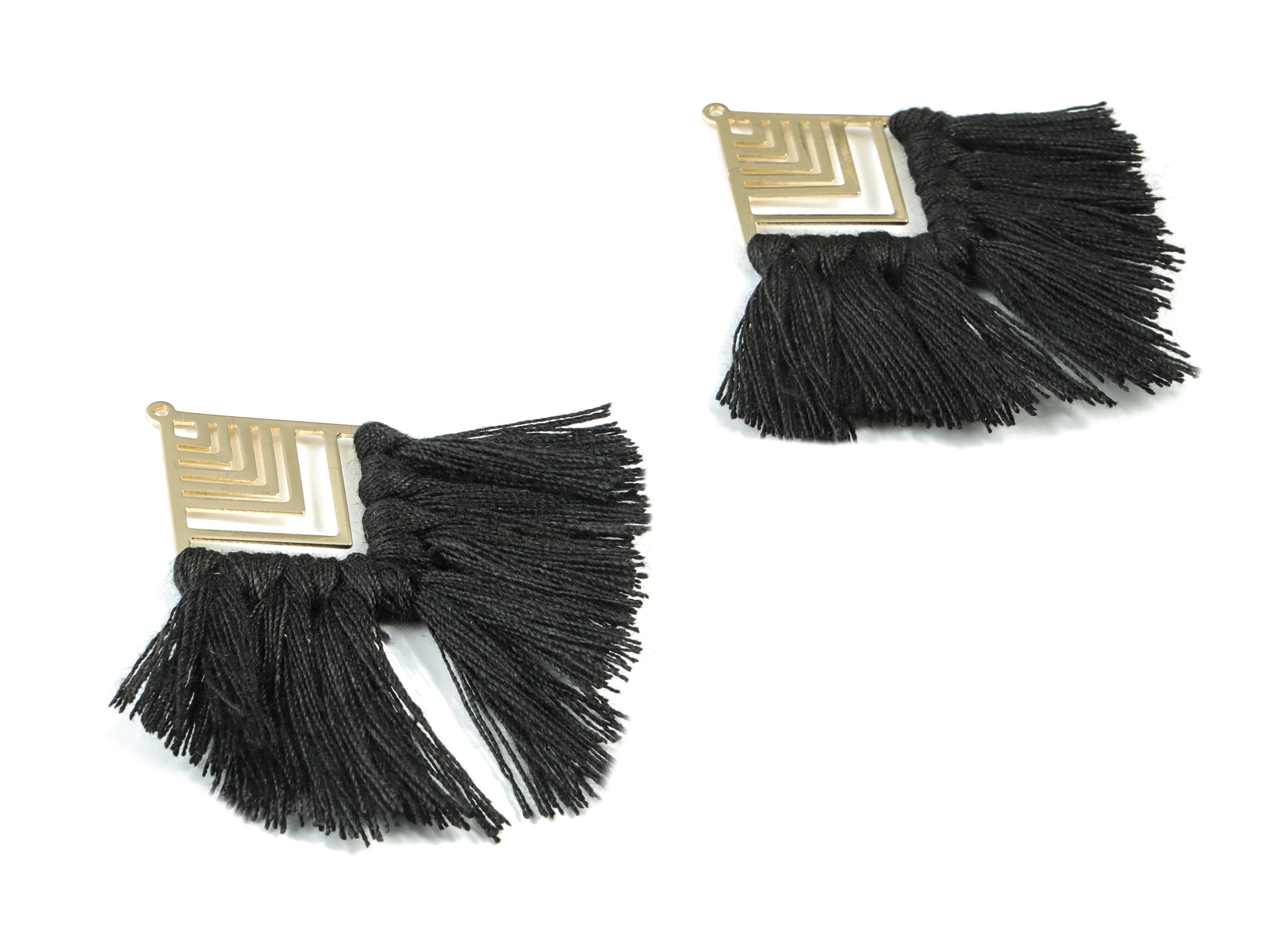 Kite Tassel Earring Charms - KC Gold  Tone Plated Rhombus Brass Cotton Black Tassels - Fringe Tassel - 74.27x29.7x2.79mm - TSM1930C - DOMEDBAZAAR