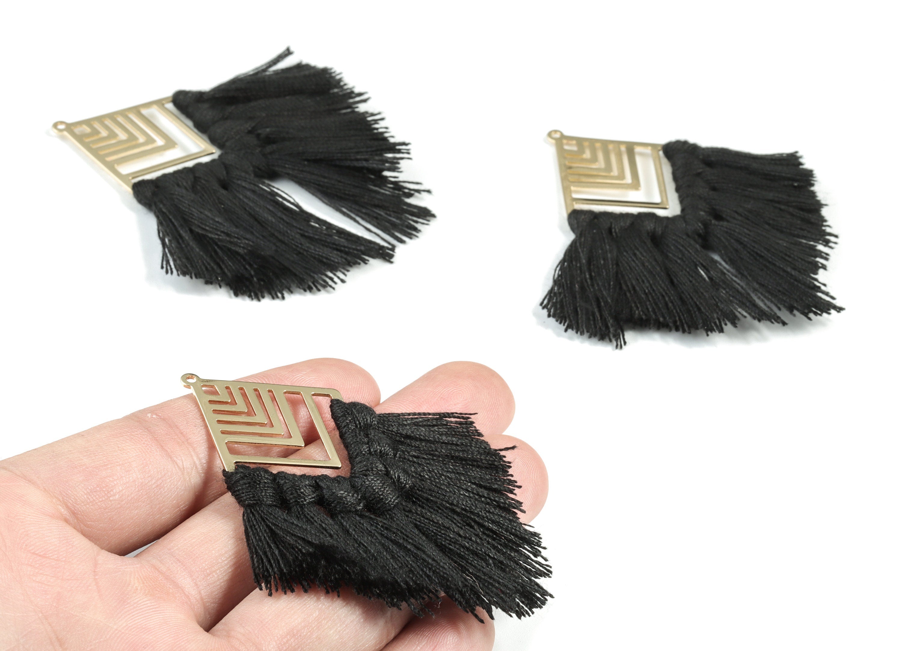 Kite Tassel Earring Charms - KC Gold  Tone Plated Rhombus Brass Cotton Black Tassels - Fringe Tassel - 74.27x29.7x2.79mm - TSM1930C - DOMEDBAZAAR