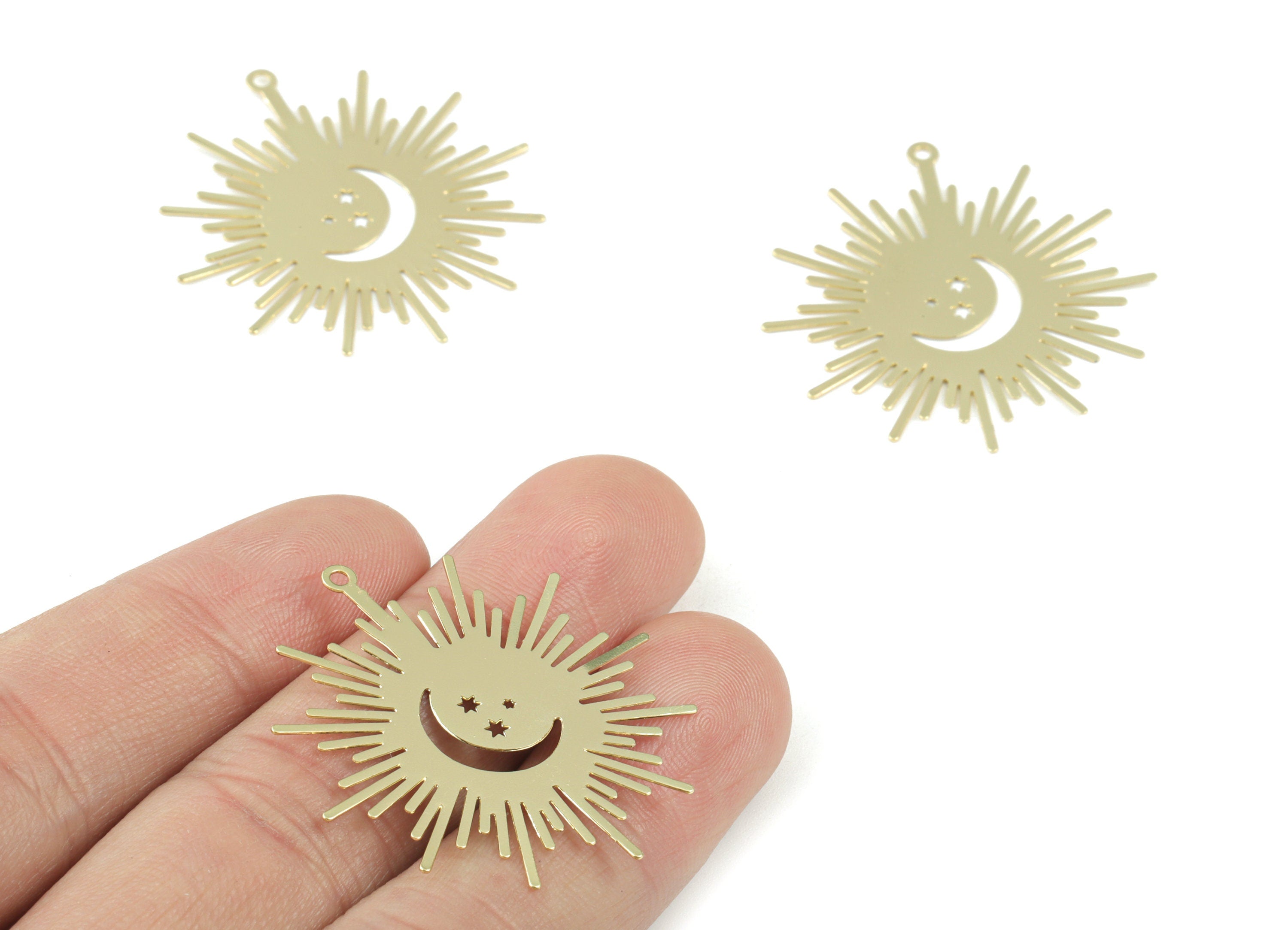 Gold Tone Plated Brass Crescent Sun Earring Charms - Brass Sun Crescent Pendant - Jewelry Supplies - 36.39x34.32x0.31mm - JJB6258G - DOMEDBAZAAR