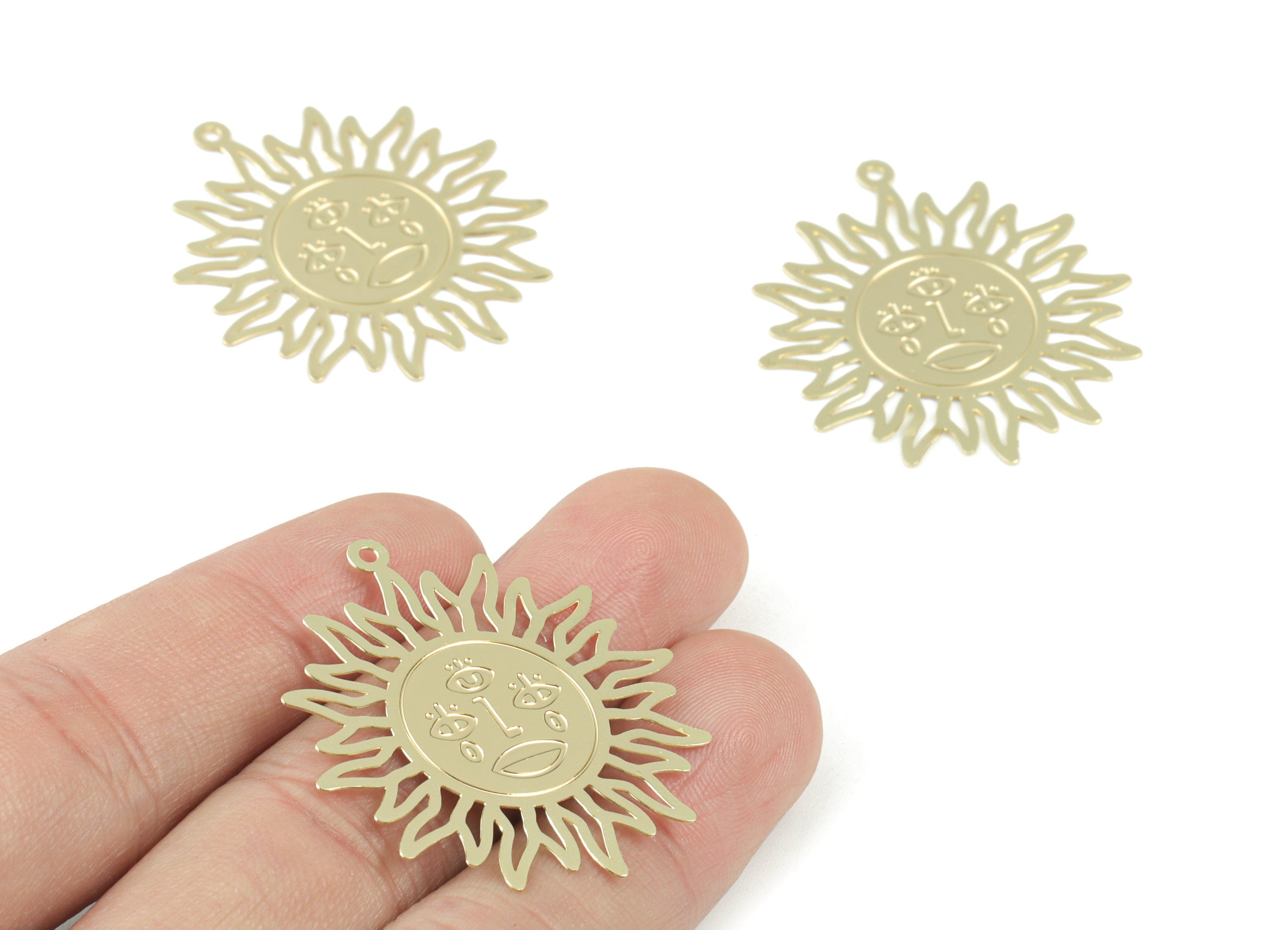 Gold Tone Plated Brass Sun Earring Charms - Brass Sun Pendant - Earring Findings - Jewelry Supplies - 37.91x33.69x0.3mm - JJB6250G - DOMEDBAZAAR