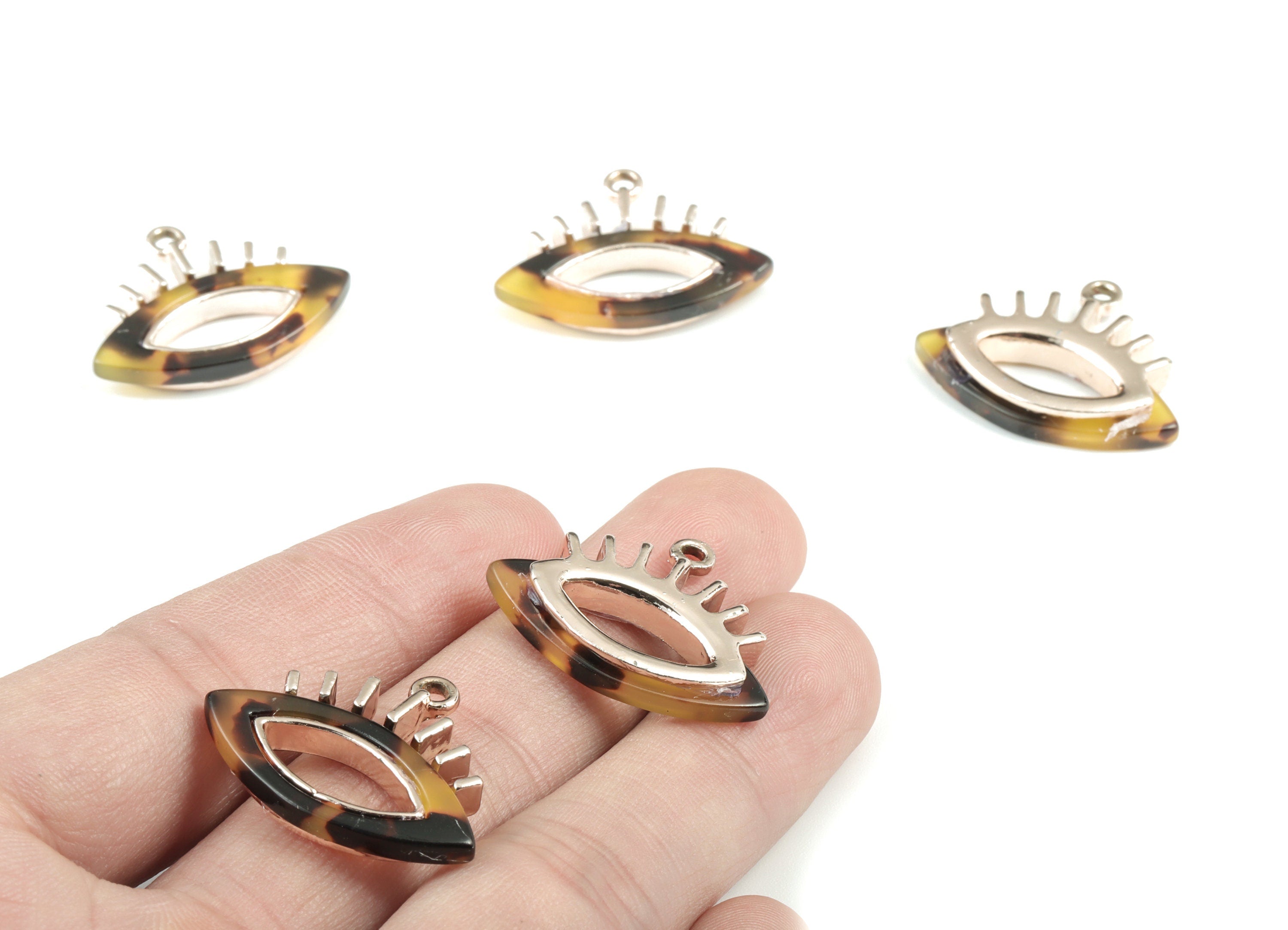 Eyelash Earring Charms - Tortoise Shell Acetate Eye Charms - Rose Tone  Plated Alloy Eye Charms - 28x22x4mm - AC1846-A02R - DOMEDBAZAAR