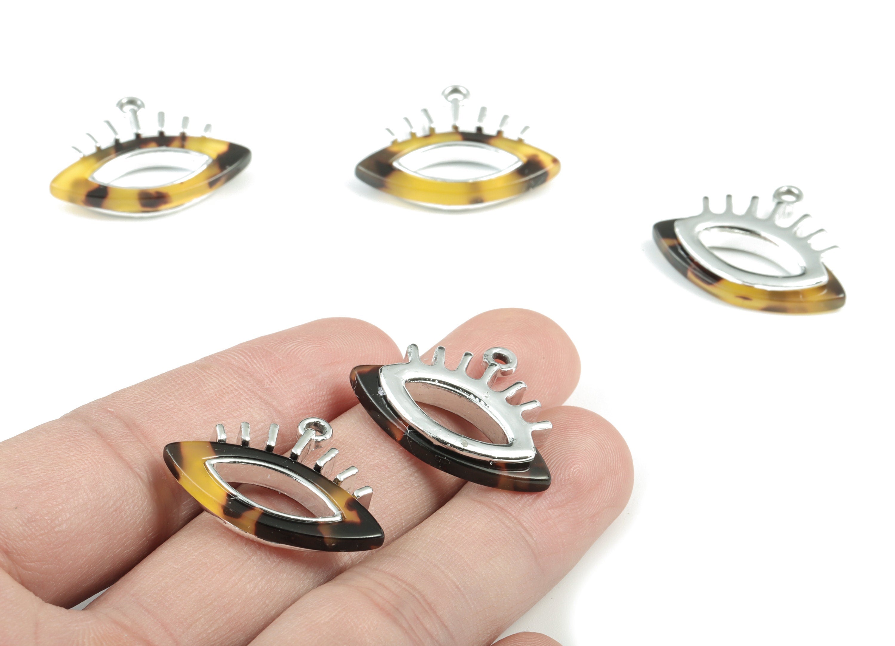 Eyelash Earring Charms - Tortoise Shell Acetate Eye Charms - Silver Tone  Plated Alloy Eye Charms - 28x22x4mm - AC1846-A02S - DOMEDBAZAAR
