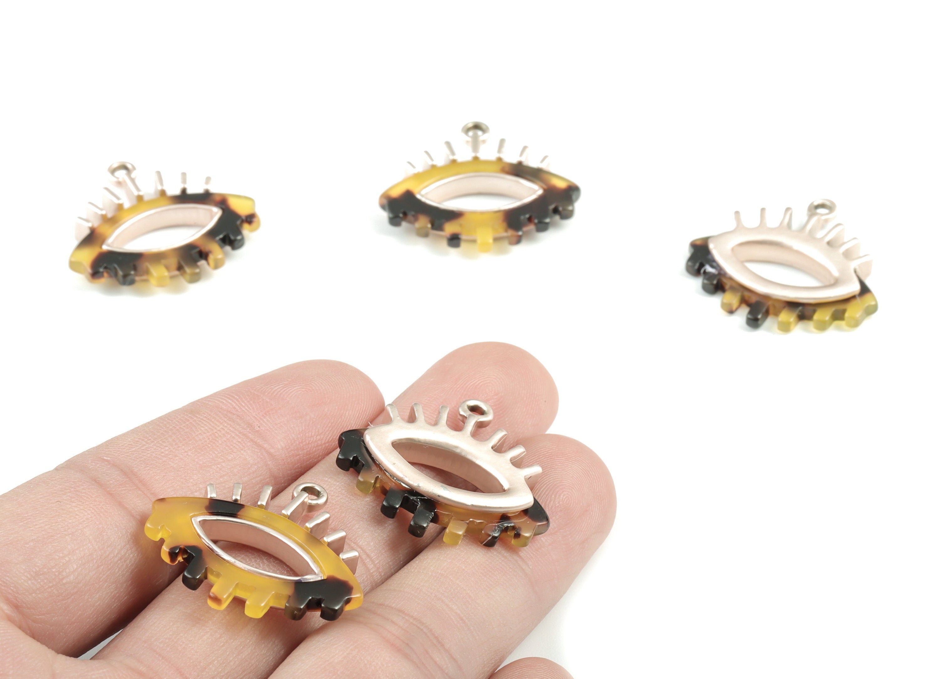 Eyelash Earring Charms - Tortoise Shell Acetate Eye Charms - Matte Rose Tone  Plated Alloy Eye Charms - 27x26x4mm - AC1847-A02MR - DOMEDBAZAAR