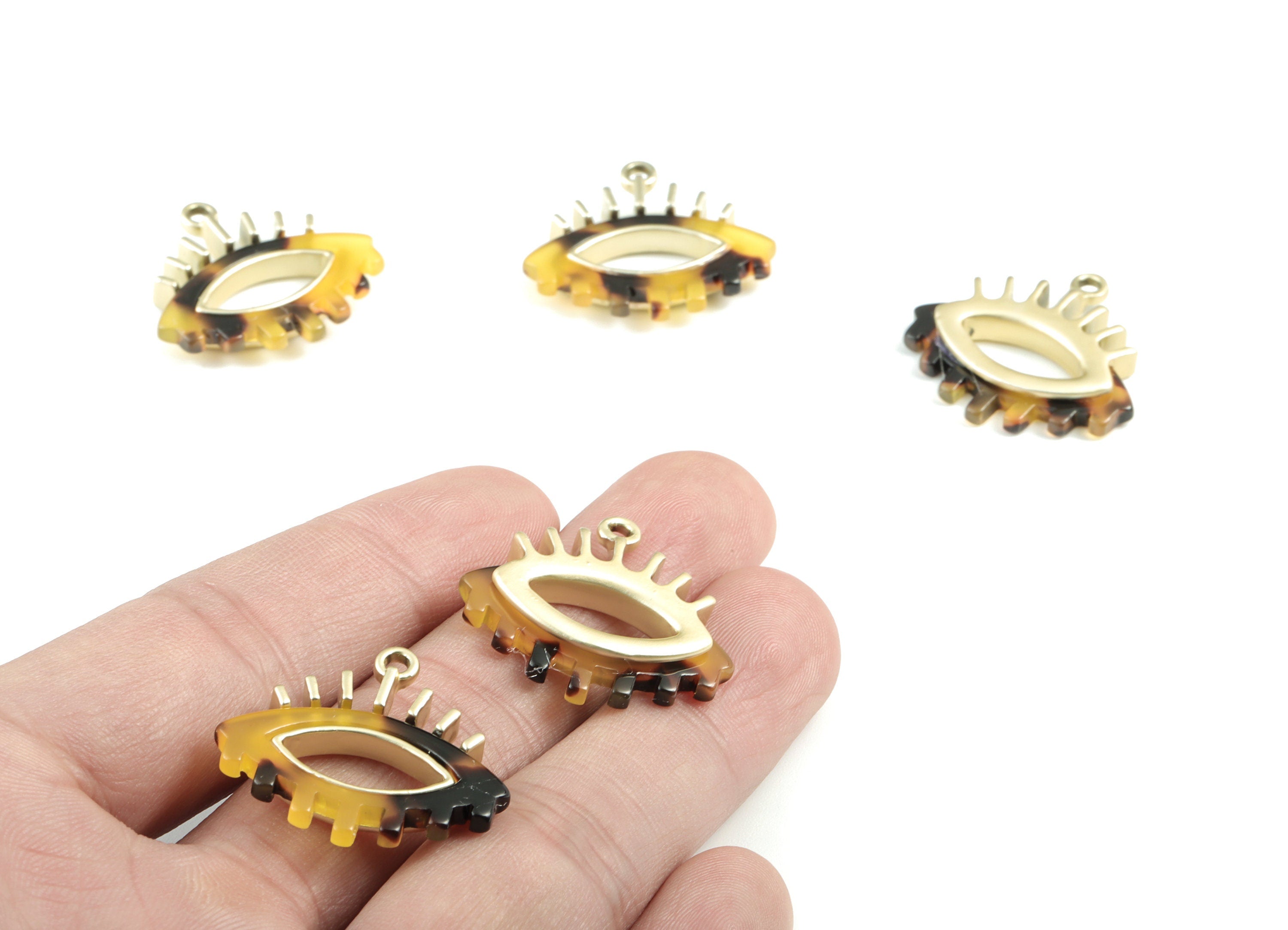 Eyelash Earring Charms - Tortoise Shell Acetate Eye Charms - Matte Gold Tone  Plated Alloy Eye Charms - 27x26x4mm - AC1847-A02MG - DOMEDBAZAAR