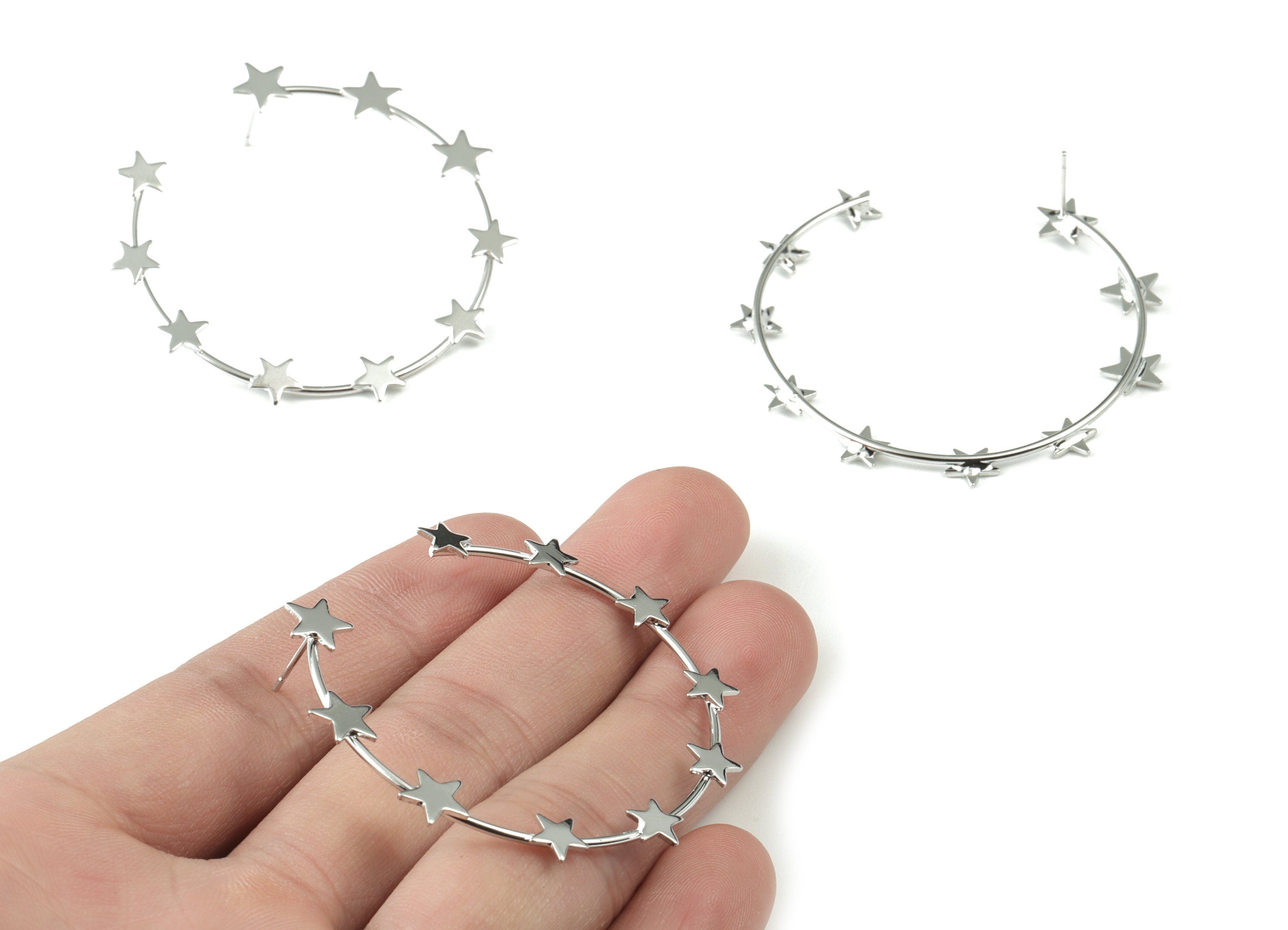 Silver Stars Hoop Stud Earring - 18K Real White Gold Brass Open Hoop Earring Post - Surgical Stud - 49.37x7.84x2.31mm - RGP2753S - DOMEDBAZAAR