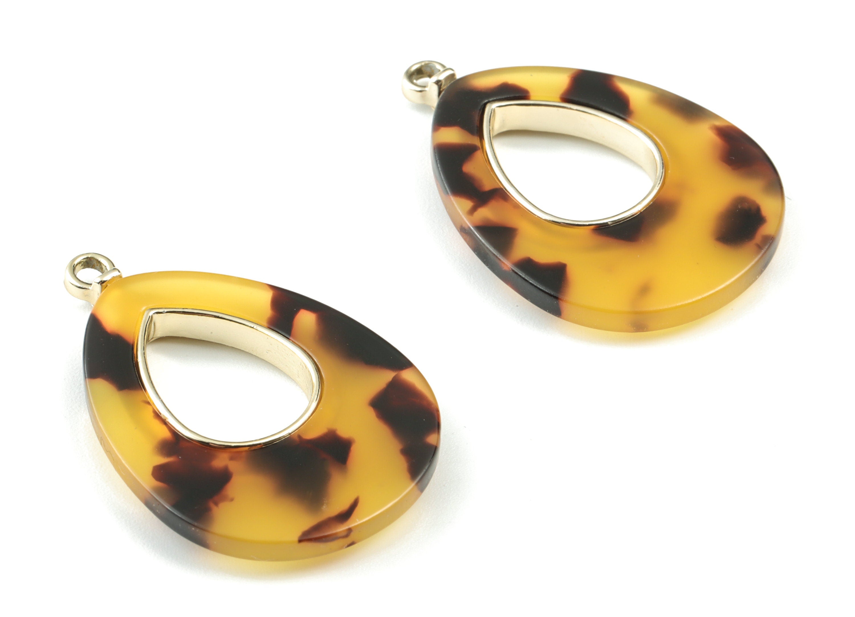 Acetate Alloy Drop Earring Charm - Matte Gold Alloy Frame Tortoise Shell Charms - Tortoise Shell Drop Pendant - 35x24x3.98mm - AC1182-A02G - DOMEDBAZAAR