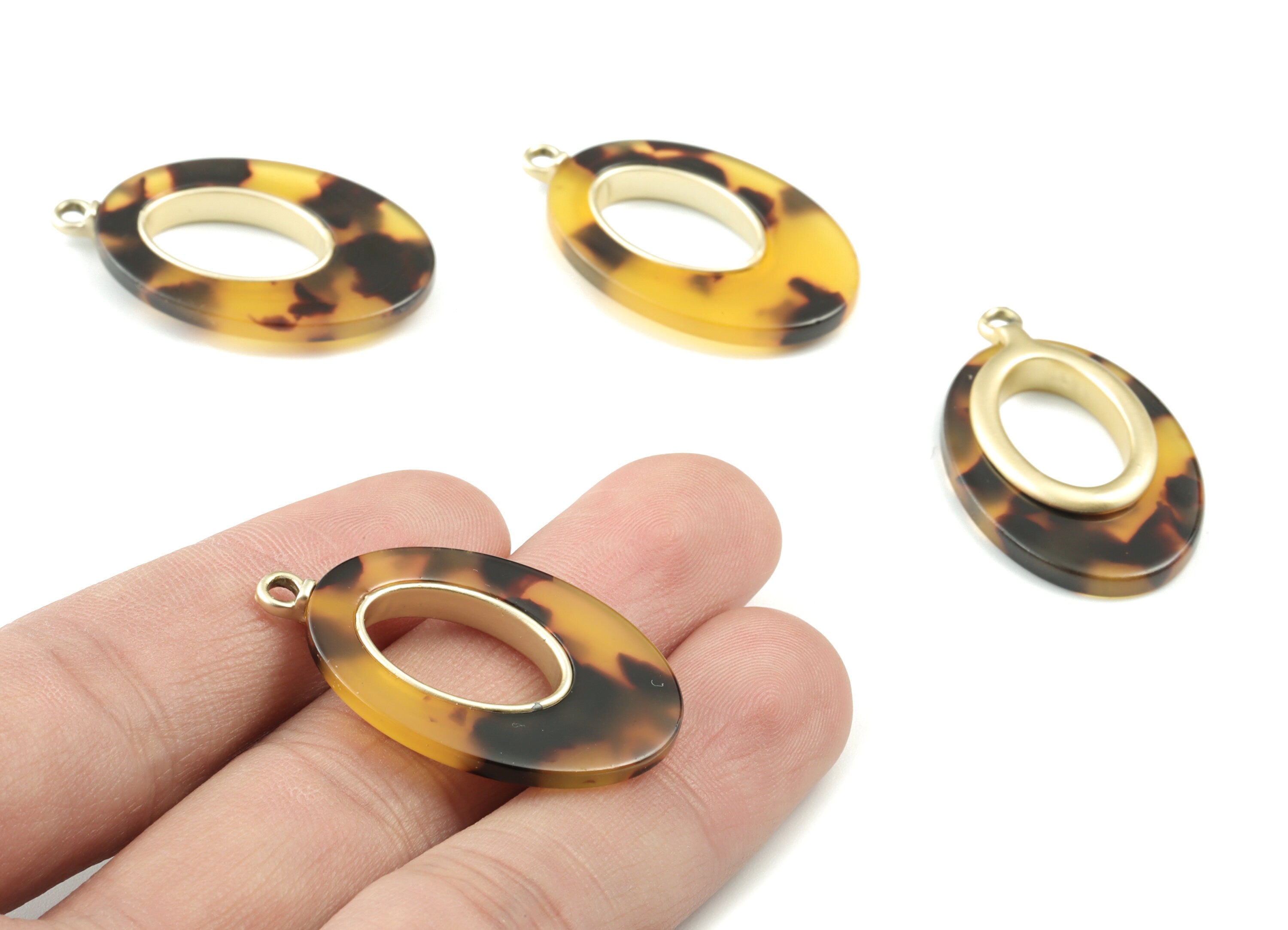 Acetate Alloy Drop Earring Charms - Matte Gold Alloy Frame Tortoise Shell Charms - Tortosise Marquise Pendant - 36x22x4mm - AC1183-A02MG - DOMEDBAZAAR