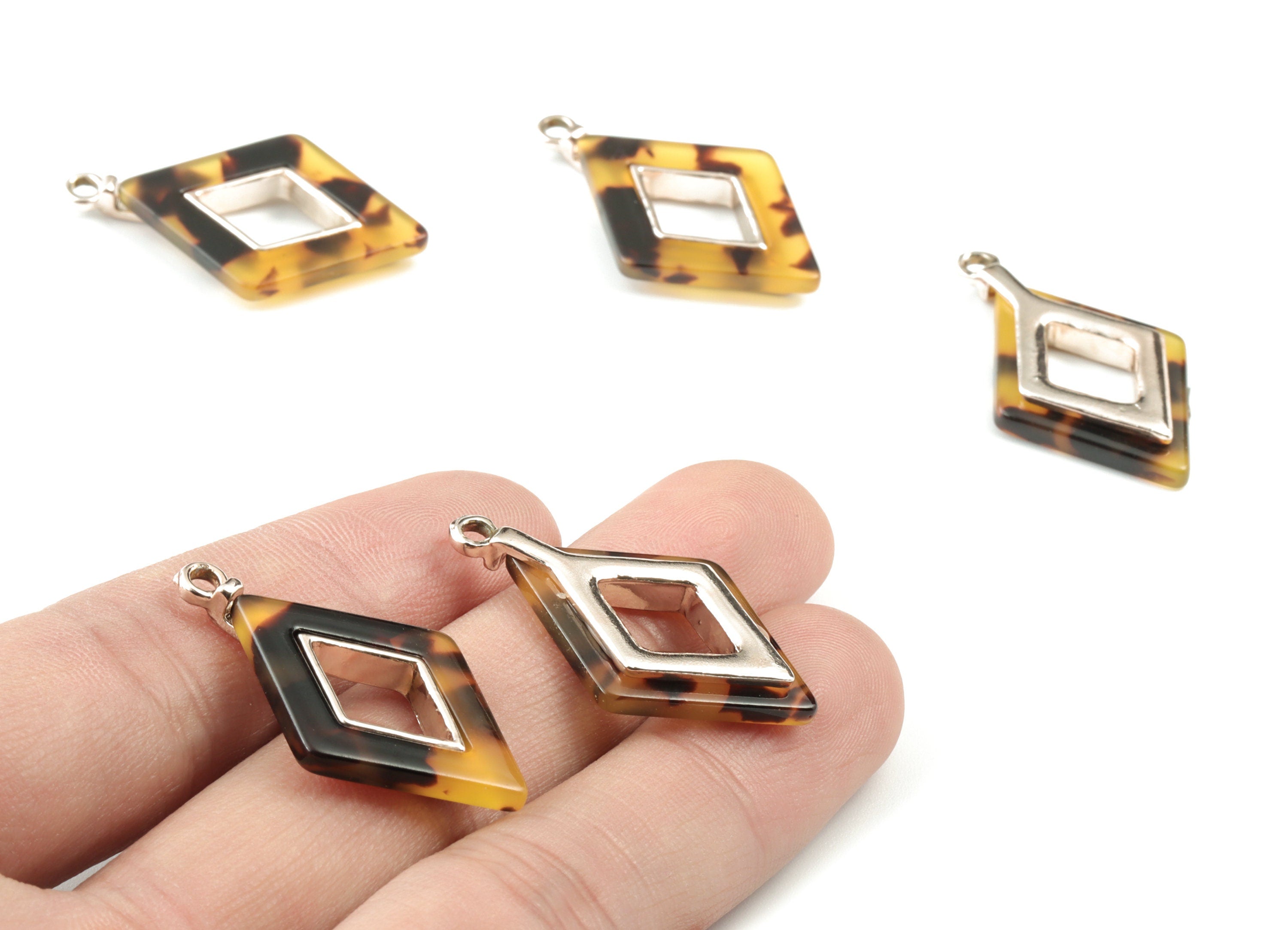 Acetate Alloy Rhombus Earring Charm - Rose Alloy Tortoise Shell Charms - Tortoise Shell Rhombus Pendant - 33.79x20.41x4.05mm - AC1185-A02R - DOMEDBAZAAR