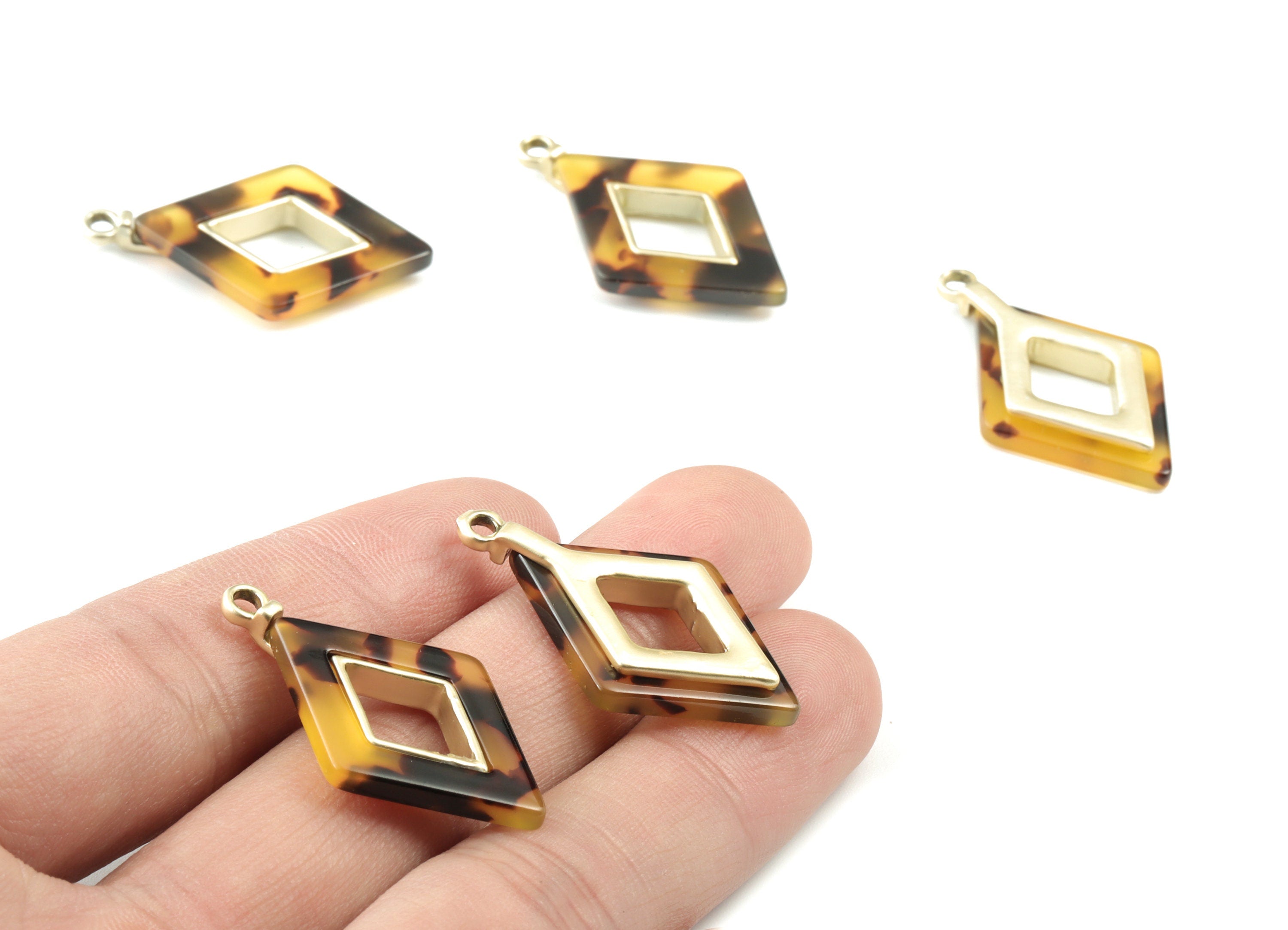 Acetate Alloy Rhombus Earring Charm - Rose Alloy Tortoise Shell Charms - Tortoise Shell Rhombus Pendant - 33.79x20.41x4.05mm - AC1185-A02MG - DOMEDBAZAAR