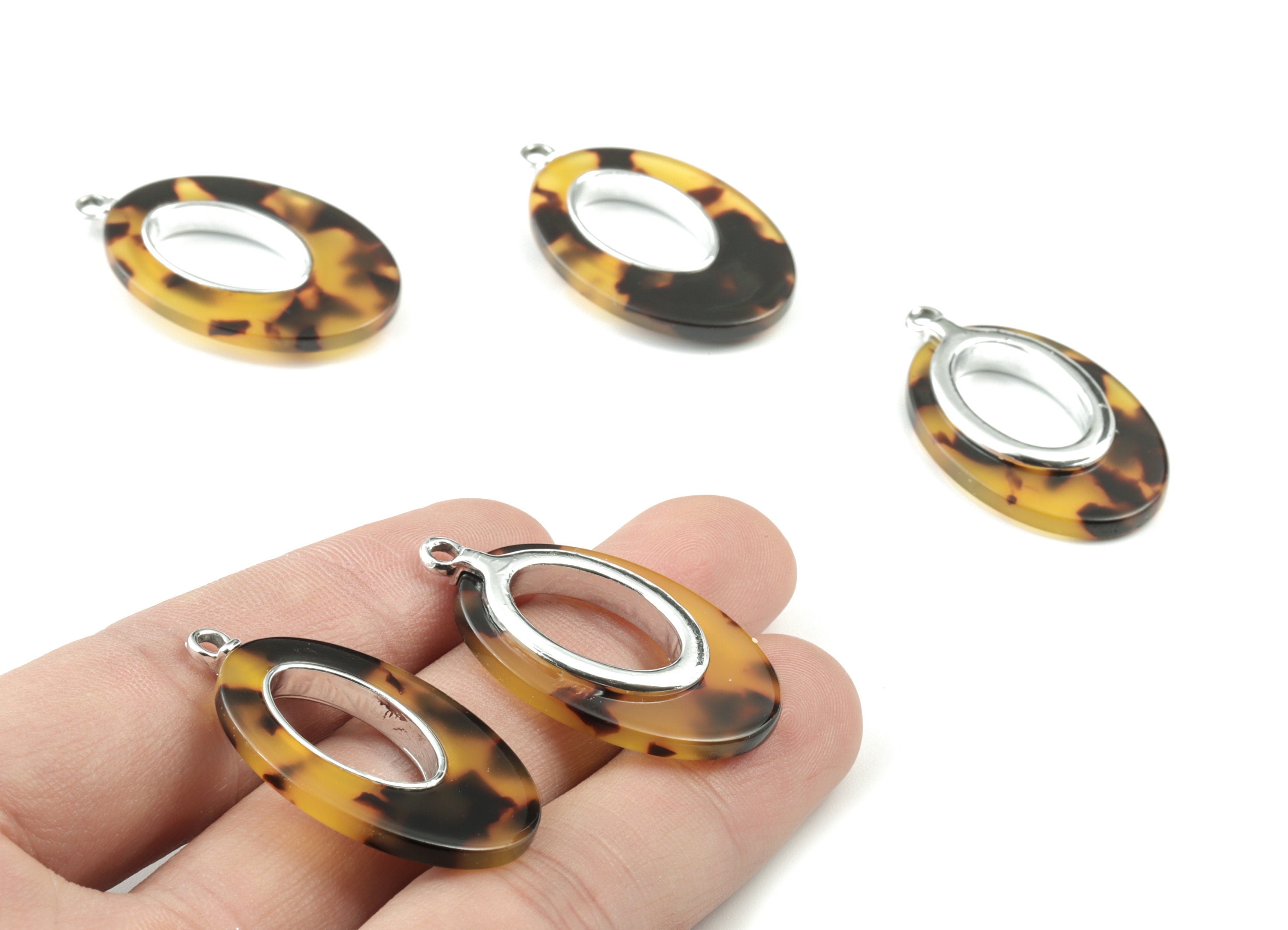 Acetate Alloy Drop Earring Charms - Silver Alloy Frame Tortoise Shell Charms - Tortosise Marquise  Pendant - 35.7x21.73x4.15mm - AC1183-A02S - DOMEDBAZAAR