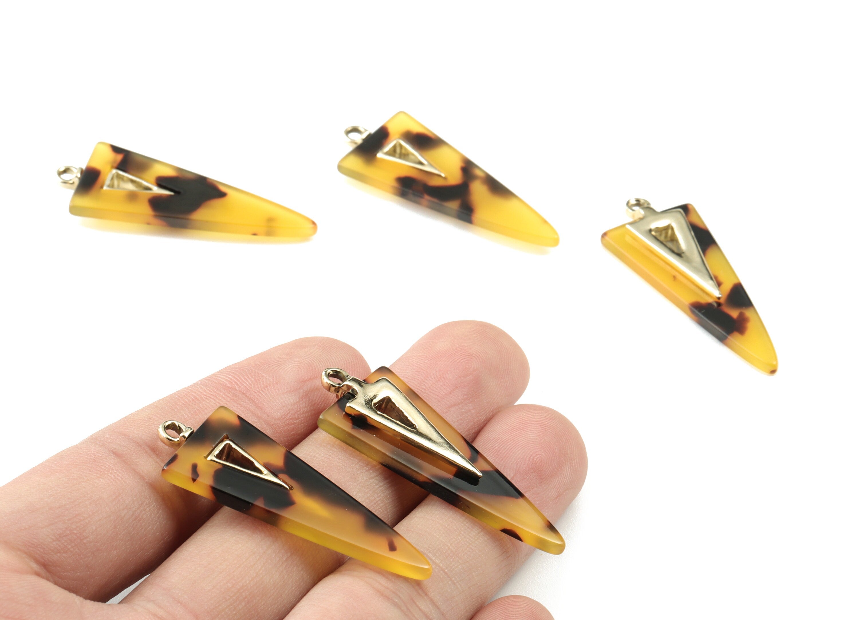 Acetate Alloy Triangle Earring Charm - Gold Alloy Frame Acetate Charms - Tortoise Shell Triangle Pendant - 41.67x16.13x4.05mm - AC1845-A02G - DOMEDBAZAAR