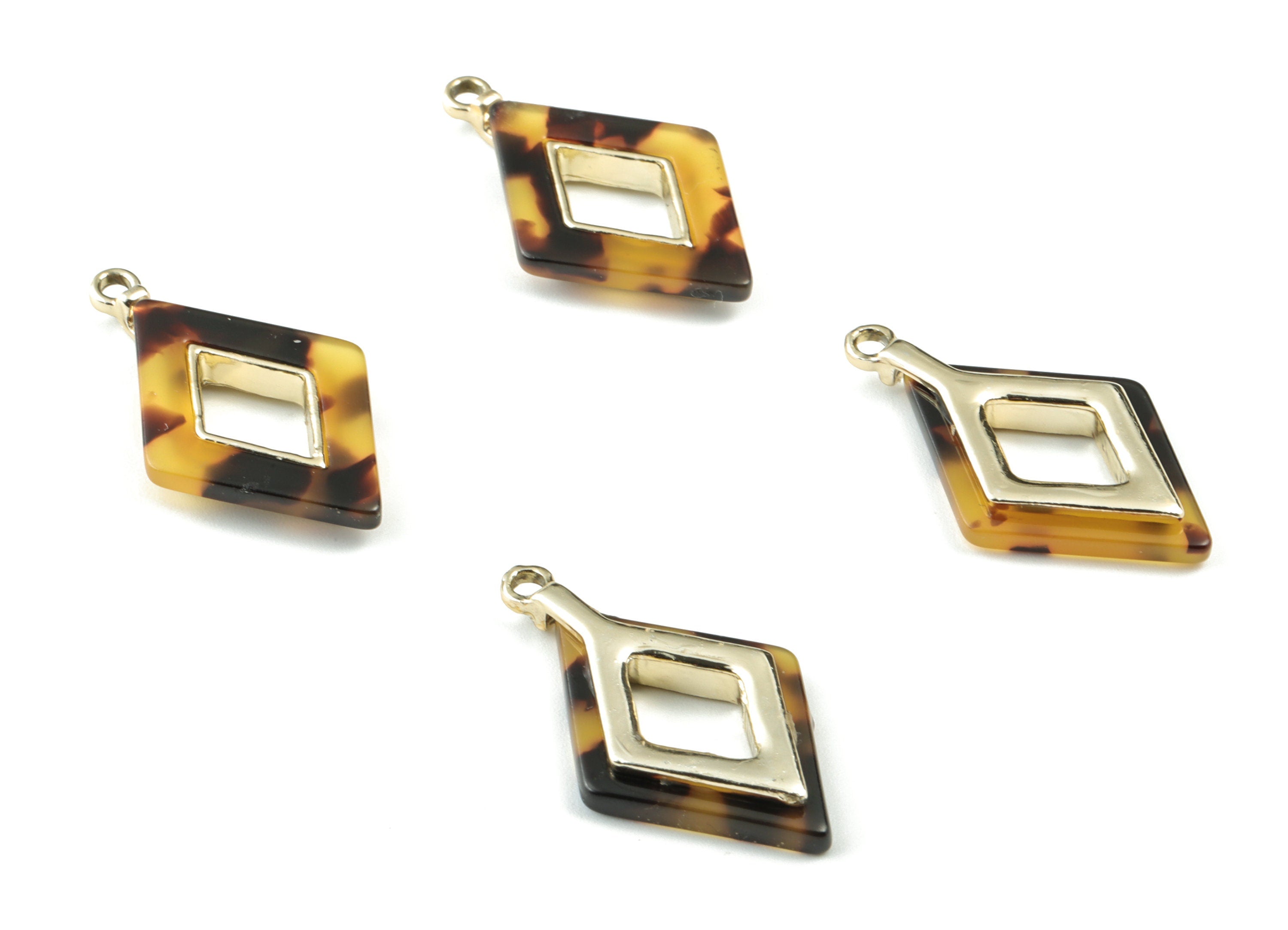 Acetate Alloy Rhombus Earring Charm - Gold Alloy Tortoise Shell Charms - Tortoise Shell Rhombus Pendant - 33.79x20.41x4.05mm - AC1185-A02G - DOMEDBAZAAR