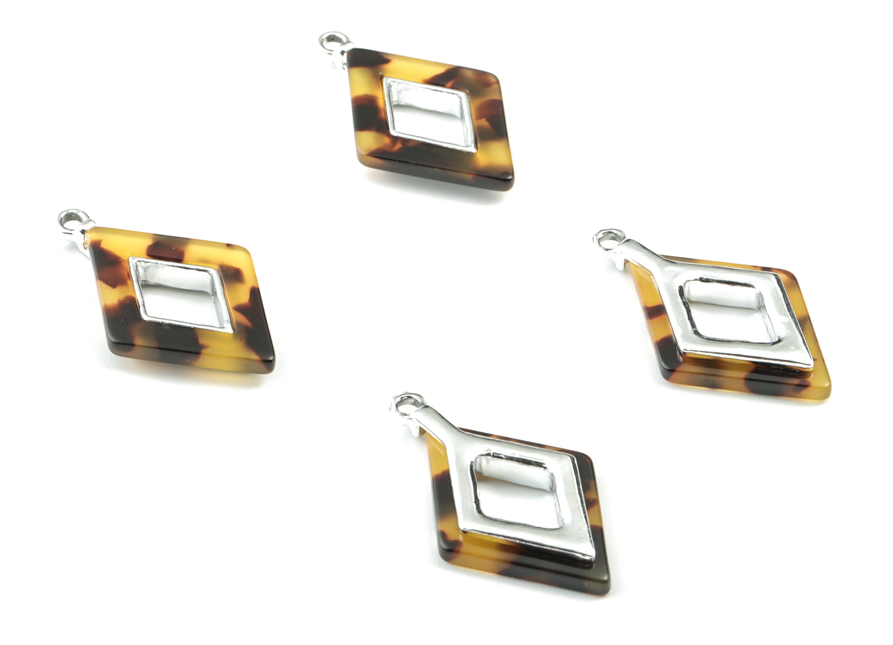 Acetate Alloy Rhombus Earring Charm - Silver Alloy Tortoise Shell Charms - Tortoise Shell Rhombus Pendant - 33.79x20.41x4.05mm - AC1185-A02S - DOMEDBAZAAR