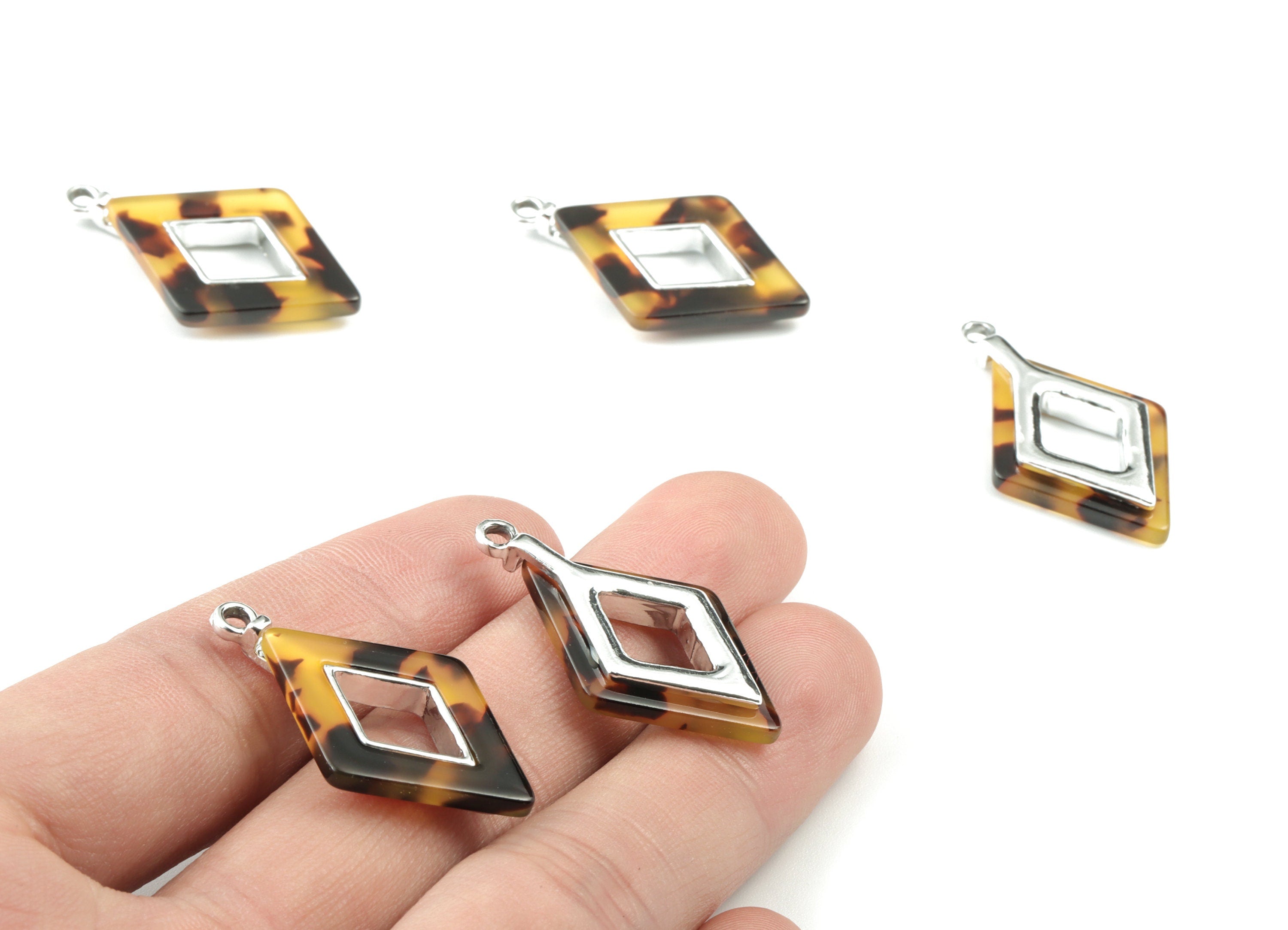 Acetate Alloy Rhombus Earring Charm - Silver Alloy Tortoise Shell Charms - Tortoise Shell Rhombus Pendant - 33.79x20.41x4.05mm - AC1185-A02S - DOMEDBAZAAR
