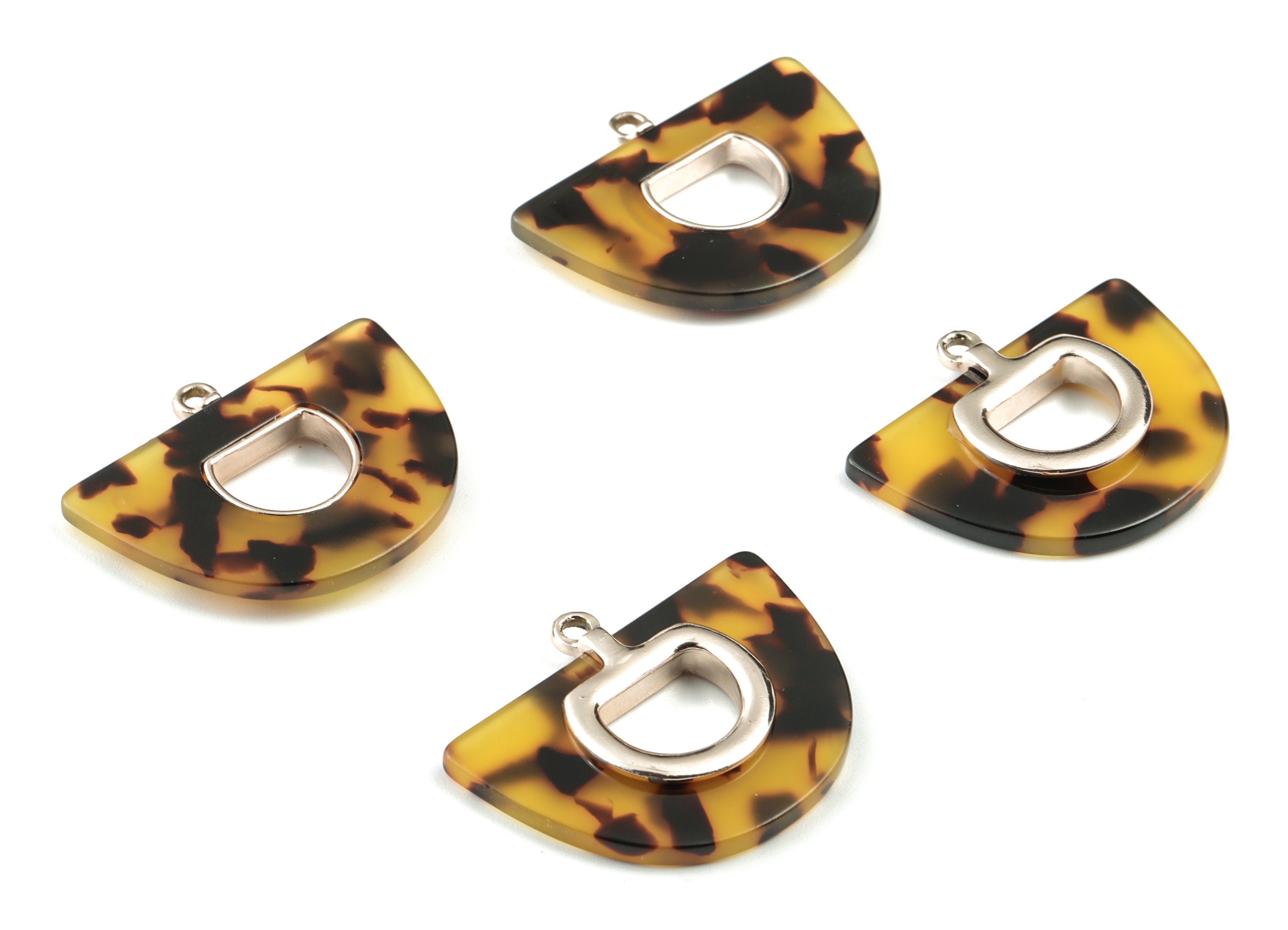 Acetate Semicircle Earring Charm - Rose Alloy Frame Tortoise Acetate Domed Charms - Half Moon Pendant - 39.88x28.57x3.99mm - AC2148-A02R - DOMEDBAZAAR