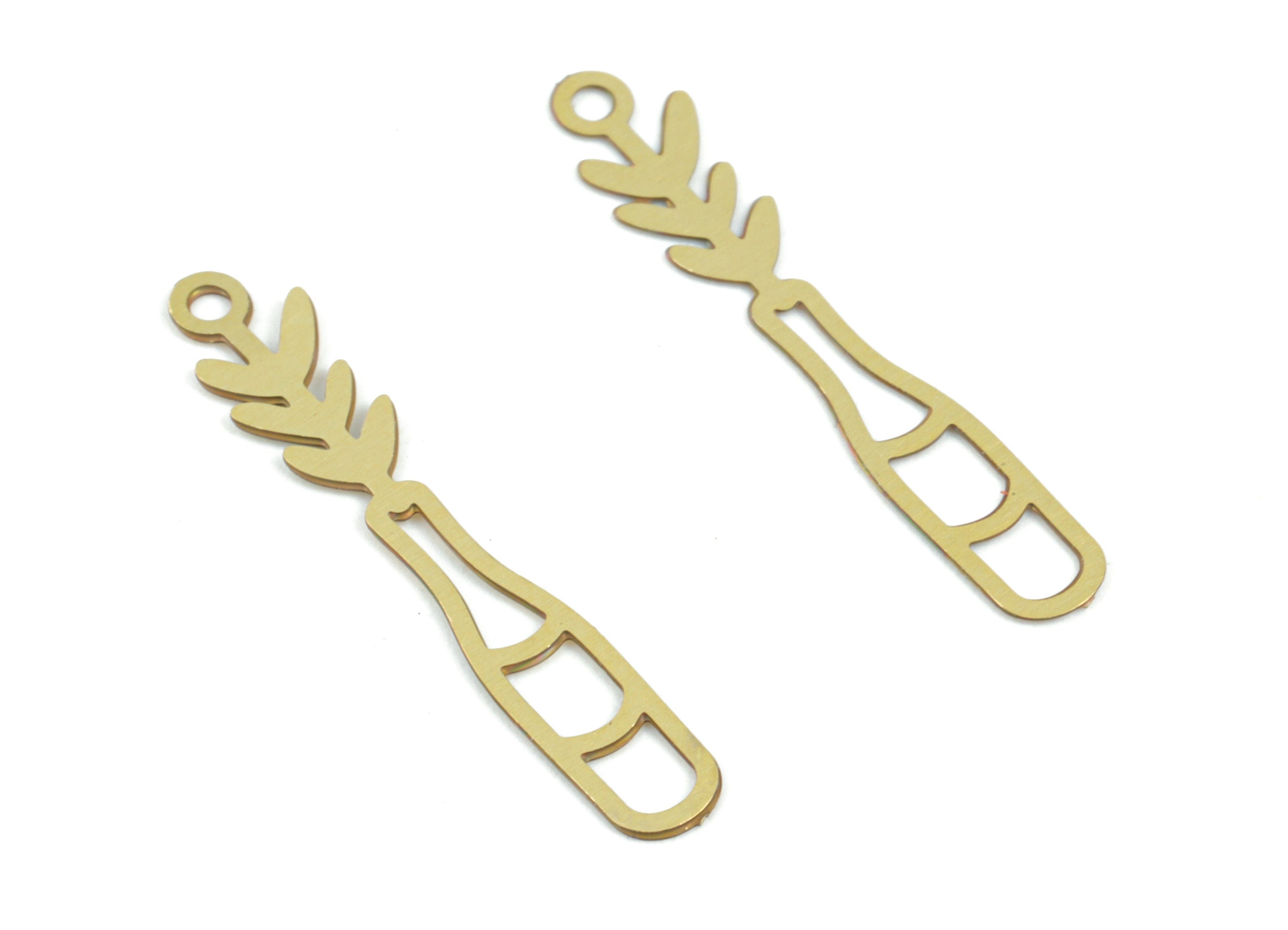 Brass Flower Bottle Earring Charms - Raw Brass Bottle Leaf Earring Charms - Earring Findings - Jewelry Supplies - 23.4x4.2x0.28mm - JJC12011 - DOMEDBAZAAR