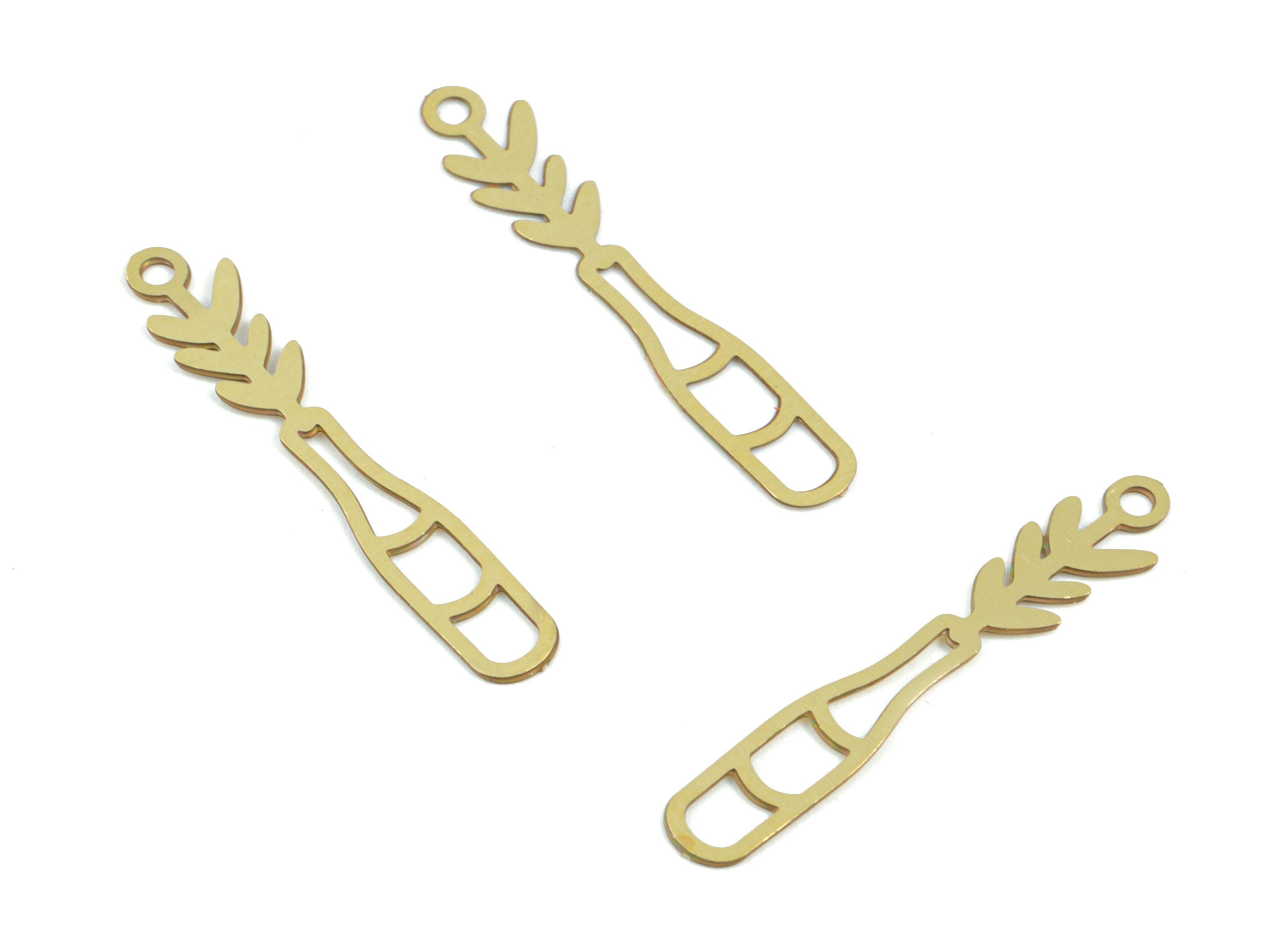Brass Flower Bottle Earring Charms - Raw Brass Bottle Leaf Earring Charms - Earring Findings - Jewelry Supplies - 23.4x4.2x0.28mm - JJC12011 - DOMEDBAZAAR