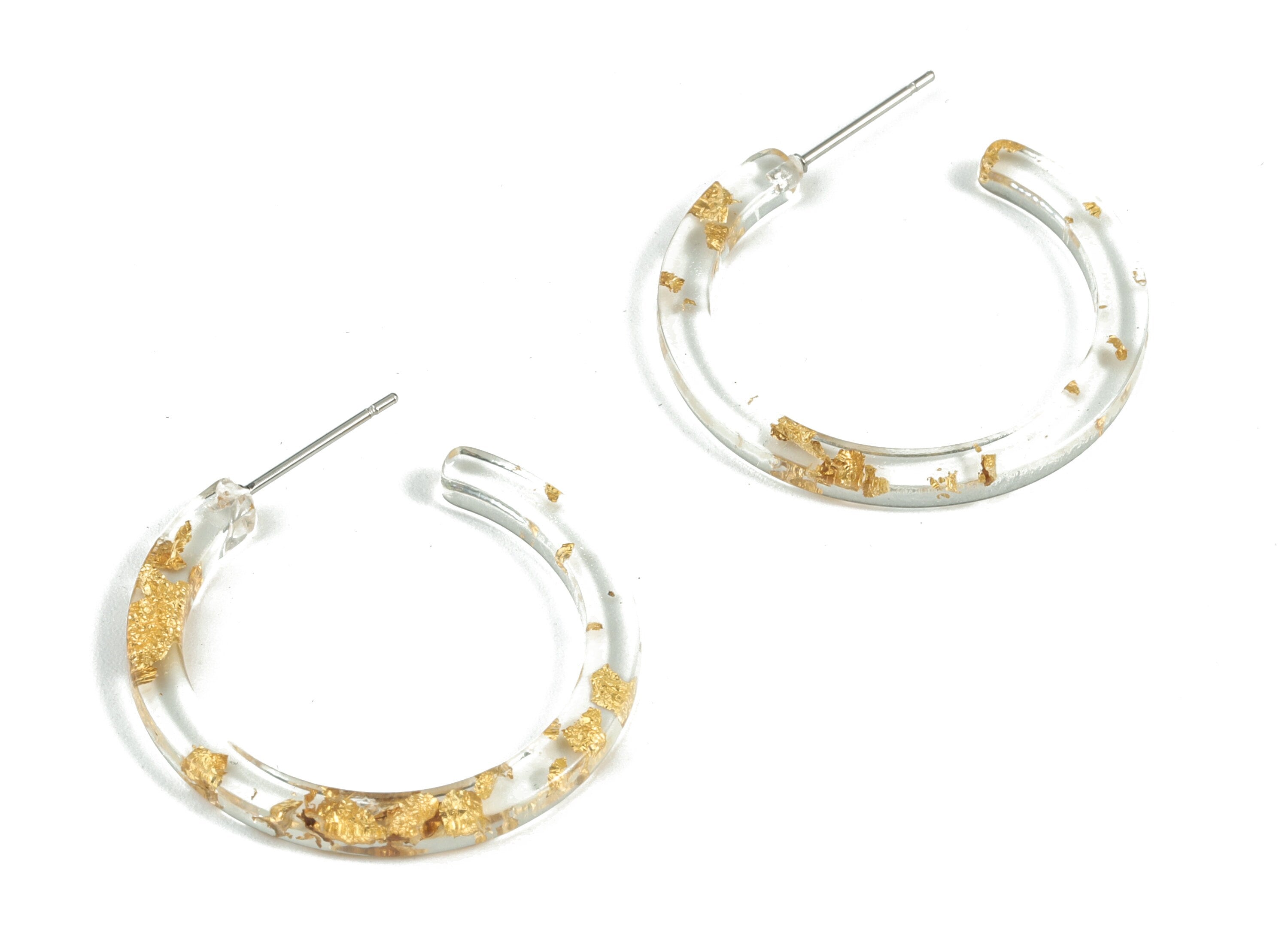 Open Hoop Earrings Stud - 1.2 inch Hoop - Clear Round Earring Post - Gold Foil & Confetti - Color Code: A255 - 31.4x30.7x2.5mm - AC1829-A255 - DOMEDBAZAAR