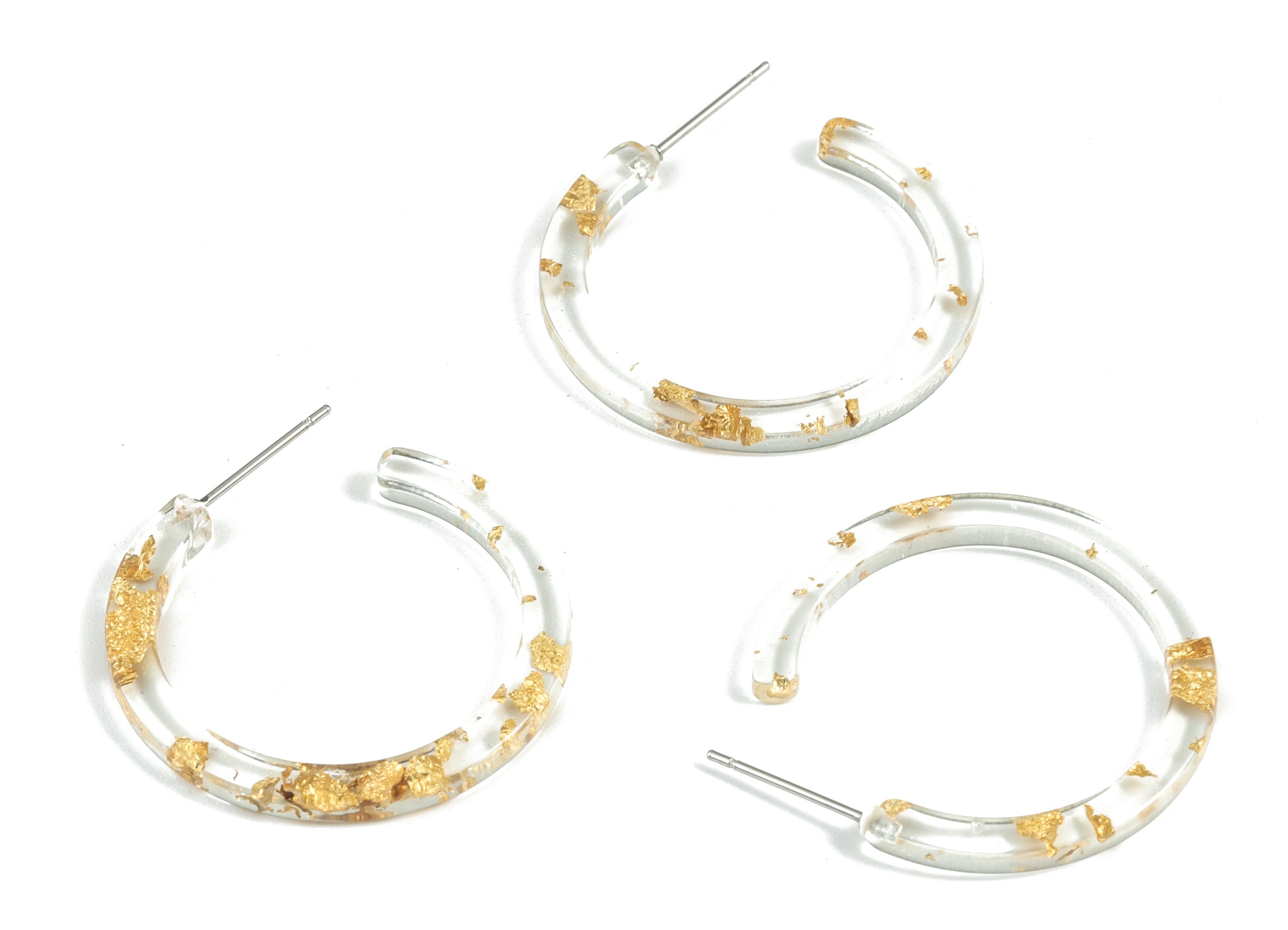 Open Hoop Earrings Stud - 1.2 inch Hoop - Clear Round Earring Post - Gold Foil & Confetti - Color Code: A255 - 31.4x30.7x2.5mm - AC1829-A255 - DOMEDBAZAAR