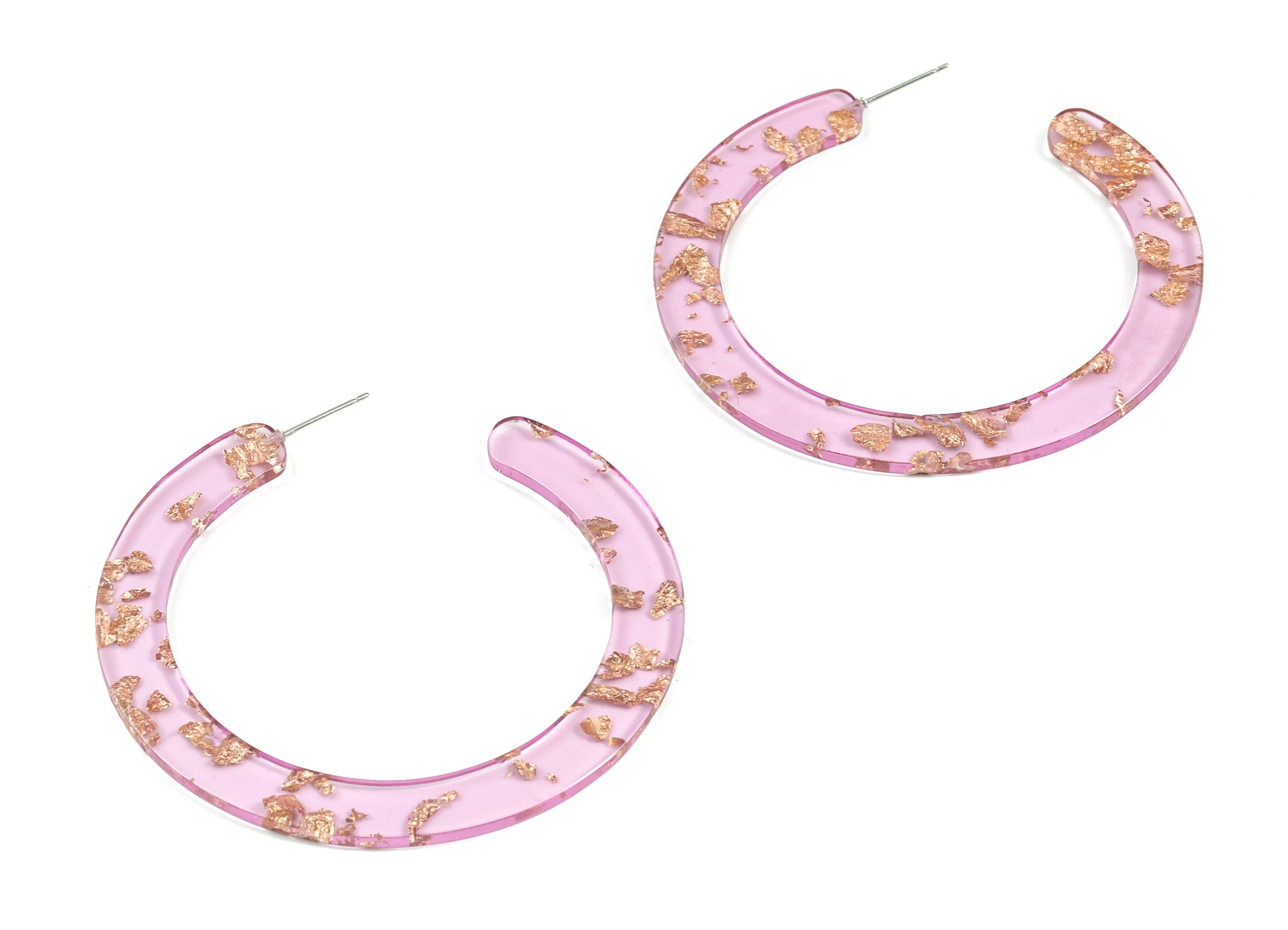 Open Hoop Earrings Stud - 2.5 inch Hoop Earring - Gold Foil Purple Acetate Round Earring Post - Color Code:A293 - 63.5x2.5mm - AC1572-A293 - DOMEDBAZAAR